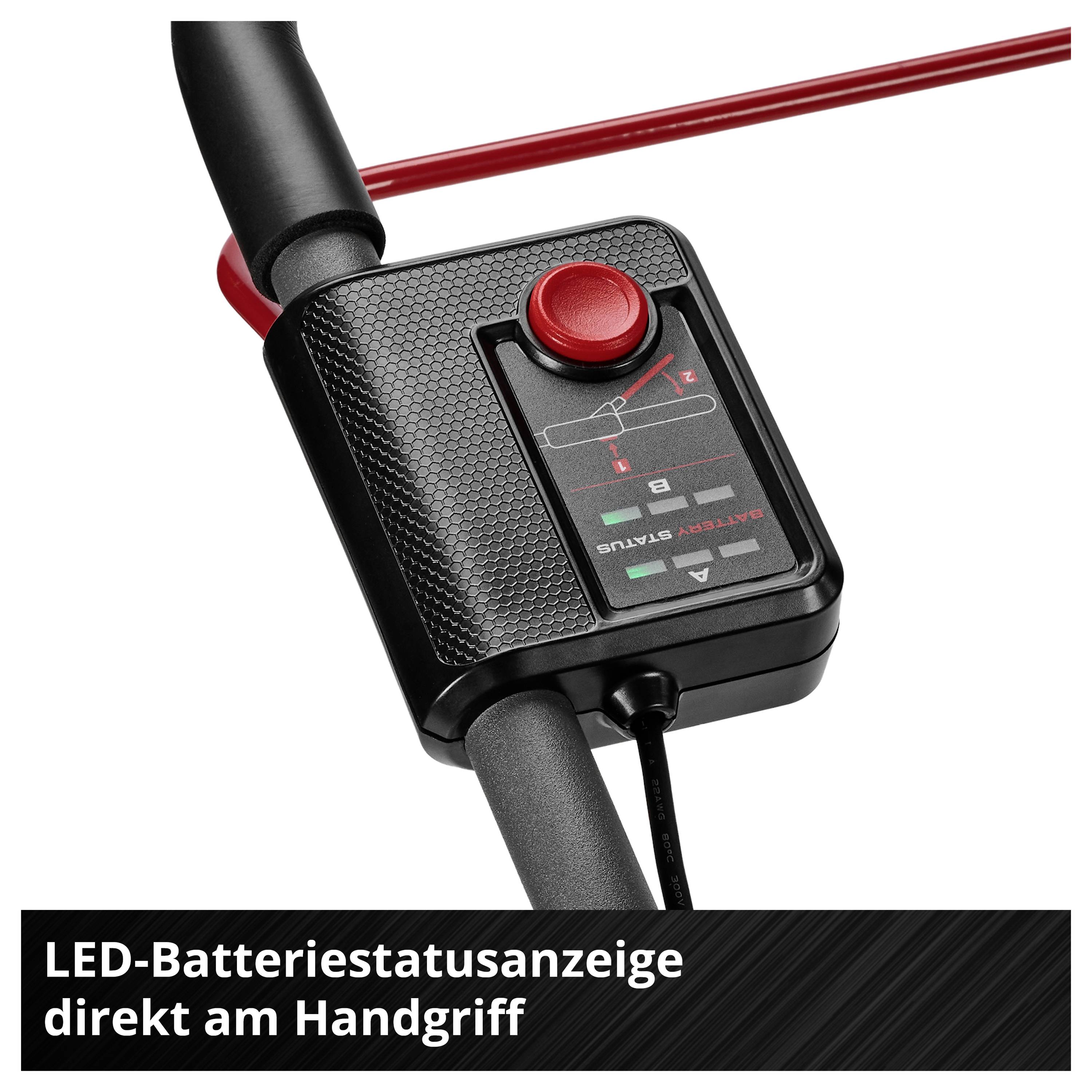 Handgriff eines Fahrrads mit roter LED-Batteriestatusanzeige direkt am Lenker; Hinweis auf den Akkustand des Systems.