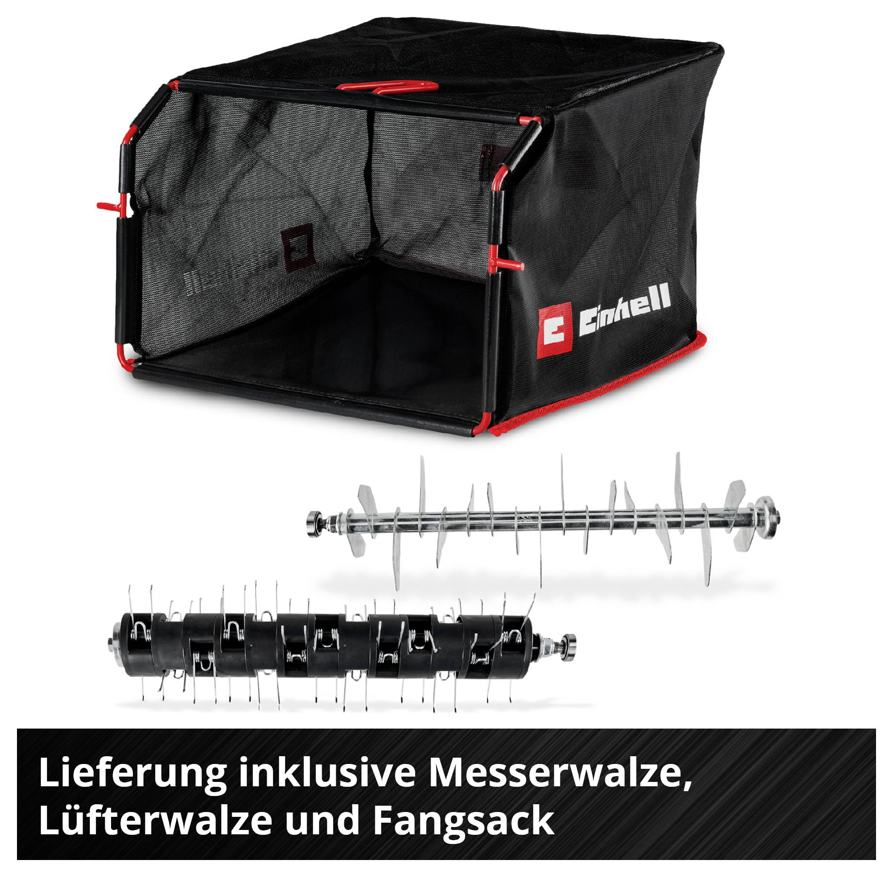 Fangsack mit Messerwalze und Lüfterwalze; darunter sind beide Walzen abgebildet, Hinweis: 'Lieferung inklusive Messerwalze, Lüfterwalze und Fangsack'.