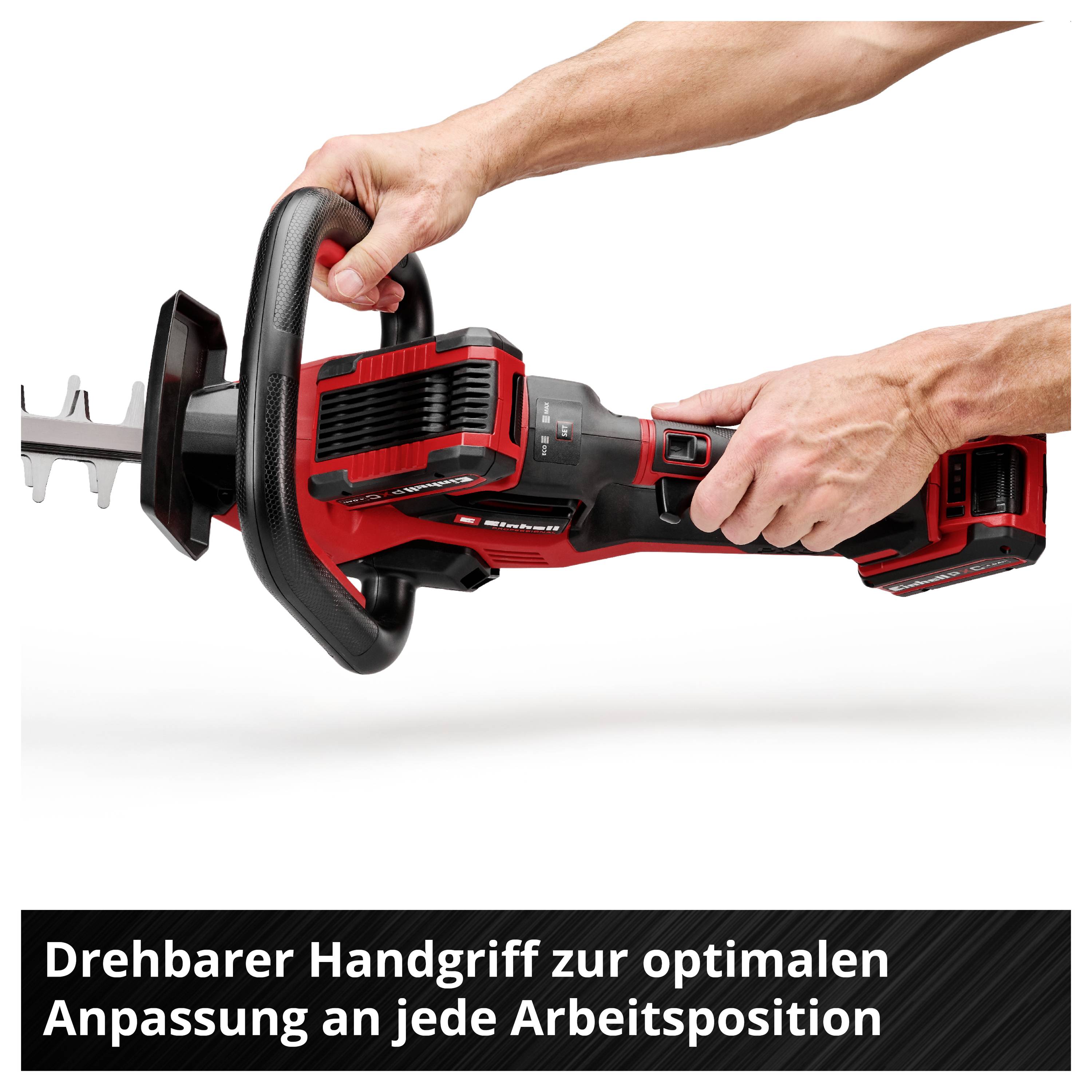 Akku-Säbelsäge mit drehbarem Handgriff; Text: 'Drehbarer Handgriff zur optimalen Anpassung an jede Arbeitsposition'.