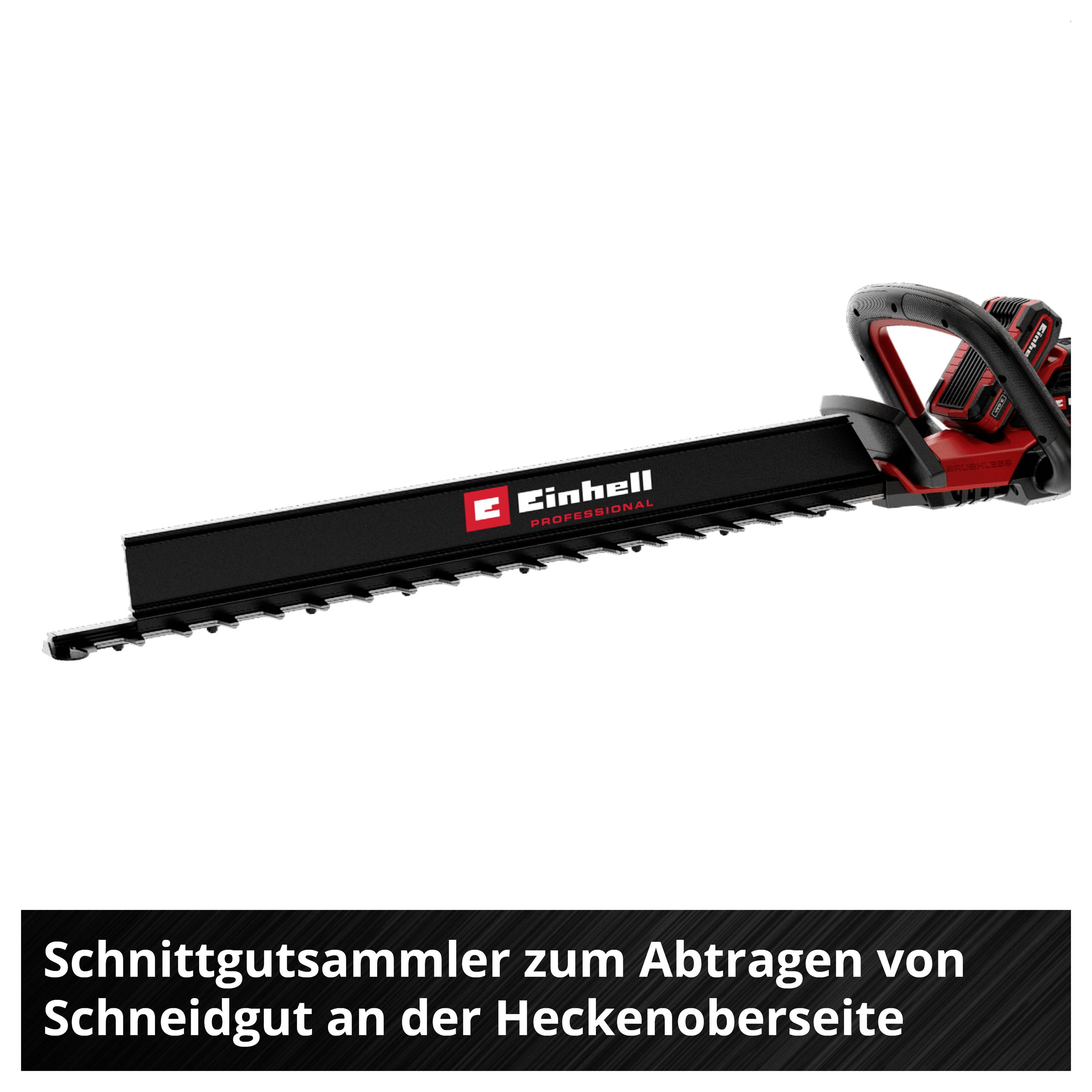 Einhell Professional Heckenschneider mit langem Schnittgutsammler; Text: 'Schnittgutsammler zum Abtragen von Schneidgut an der Heckenoberseite'.