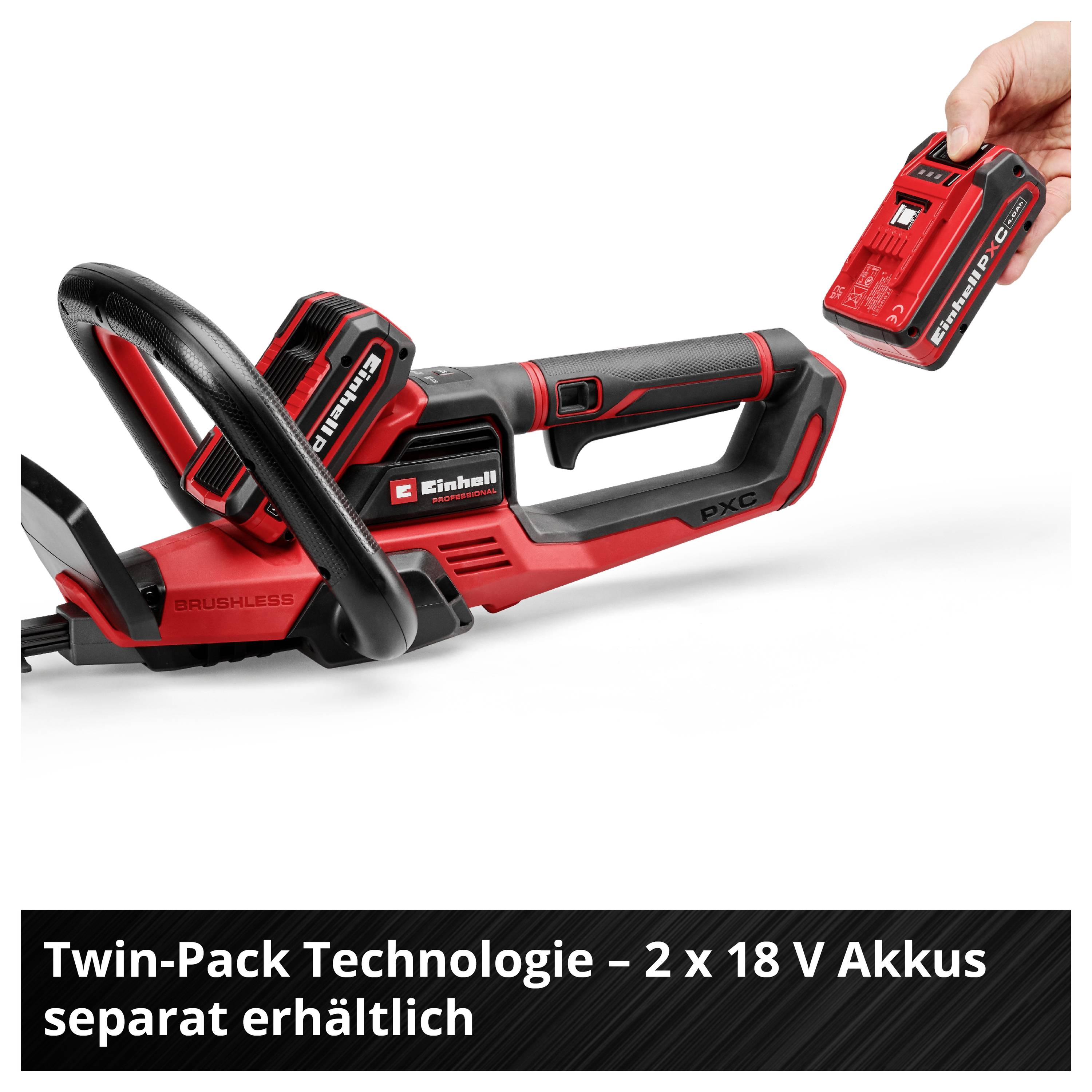 Akkusäge mit zwei 18-V-Akkus; ein Akku wird eingesetzt, ein zweiter separat gezeigt. Hinweis: 'Twin-Pack Technologie - 2 x 18 V Akkus separat erhältlich'.