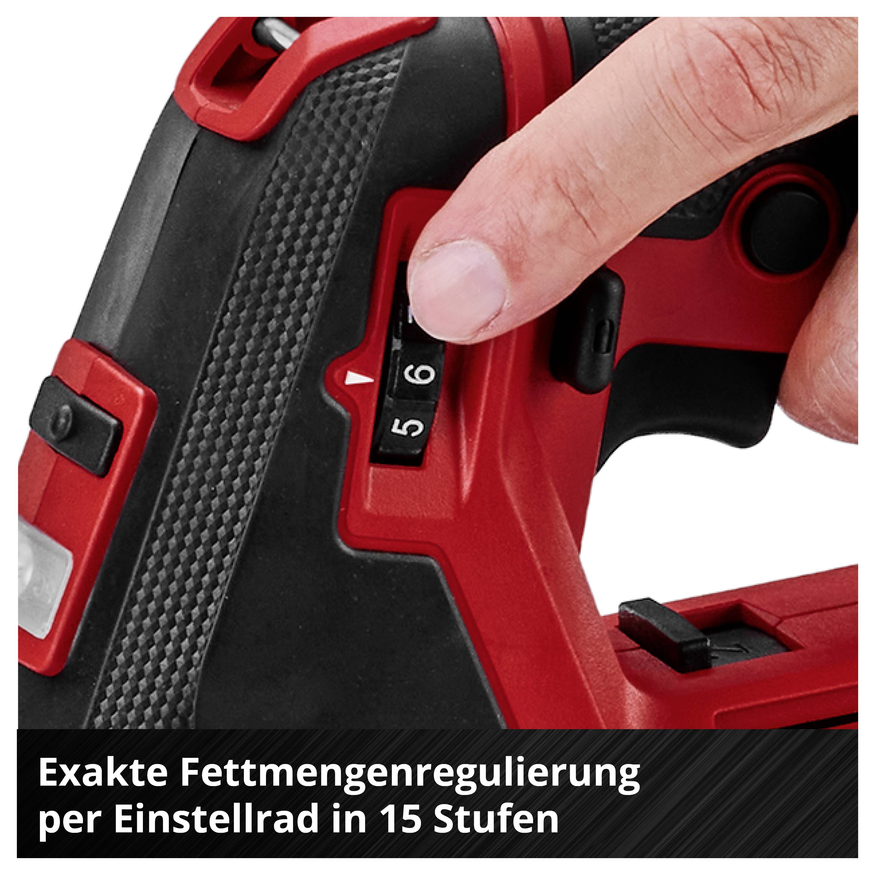 Nahaufnahme einer Hand, die das Einstellrad eines roten Geräts auf Stufe 5–6 dreht; Text: 'Exakte Fettmengenregulierung per Einstellrad in 15 Stufen'.