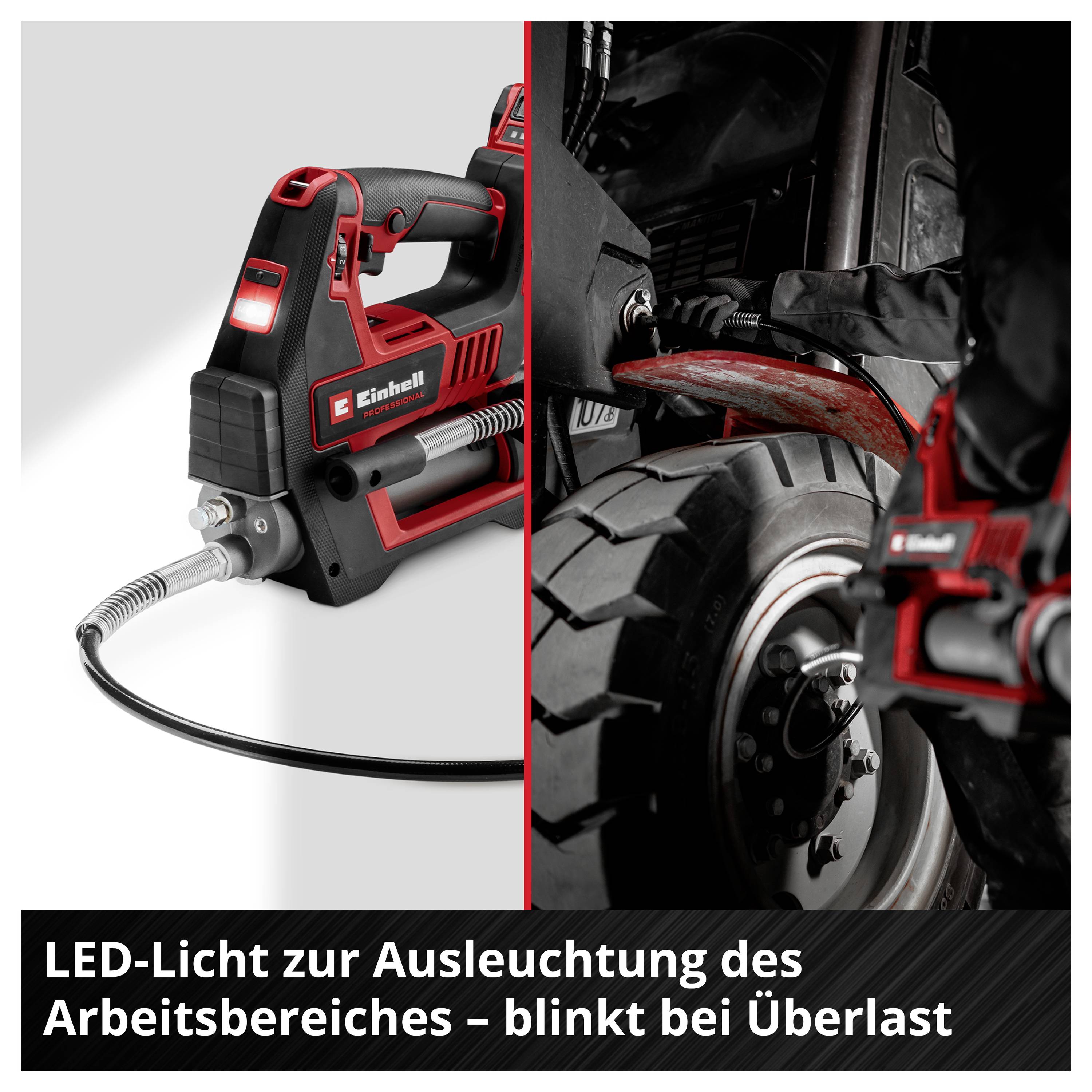 Akku-Kompressor/Inflator von Einhell mit LED-Licht; links das Gerät, rechts beim Aufpumpen eines Reifens. Hinweis: 'LED-Licht zur Ausleuchtung des Arbeitsbereiches – blinkt bei Überlast'