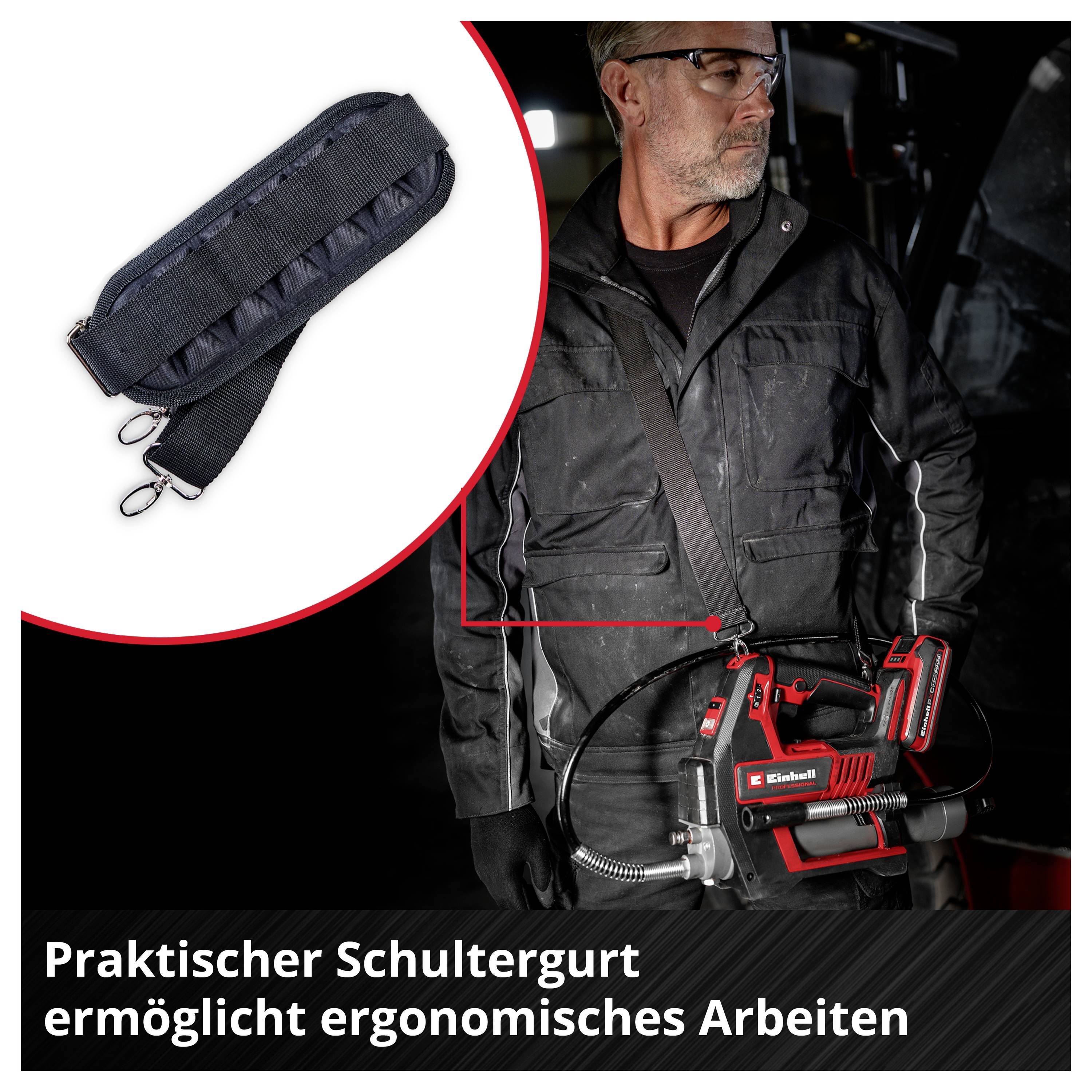 Mann mit tragbarem Gerät am Schultergurt; Einblendung zeigt den Gurt. Text: 'Praktischer Schultergurt ermöglicht ergonomisches Arbeiten'.