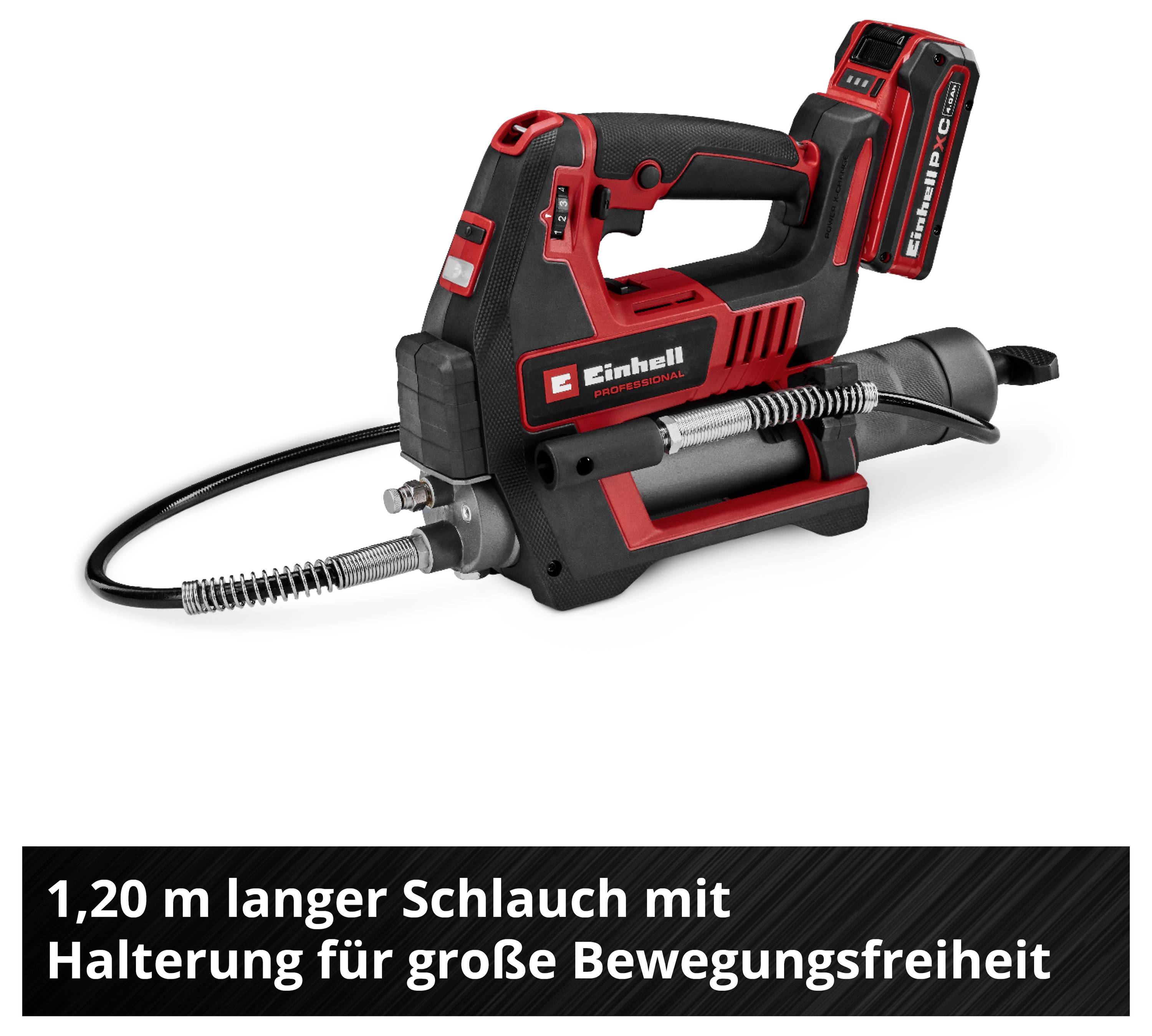 Akkubetriebener Einhell-Hochdruckreiniger mit 1,20 m langem Schlauch; Text nennt große Bewegungsfreiheit durch Schlauchhalterung.