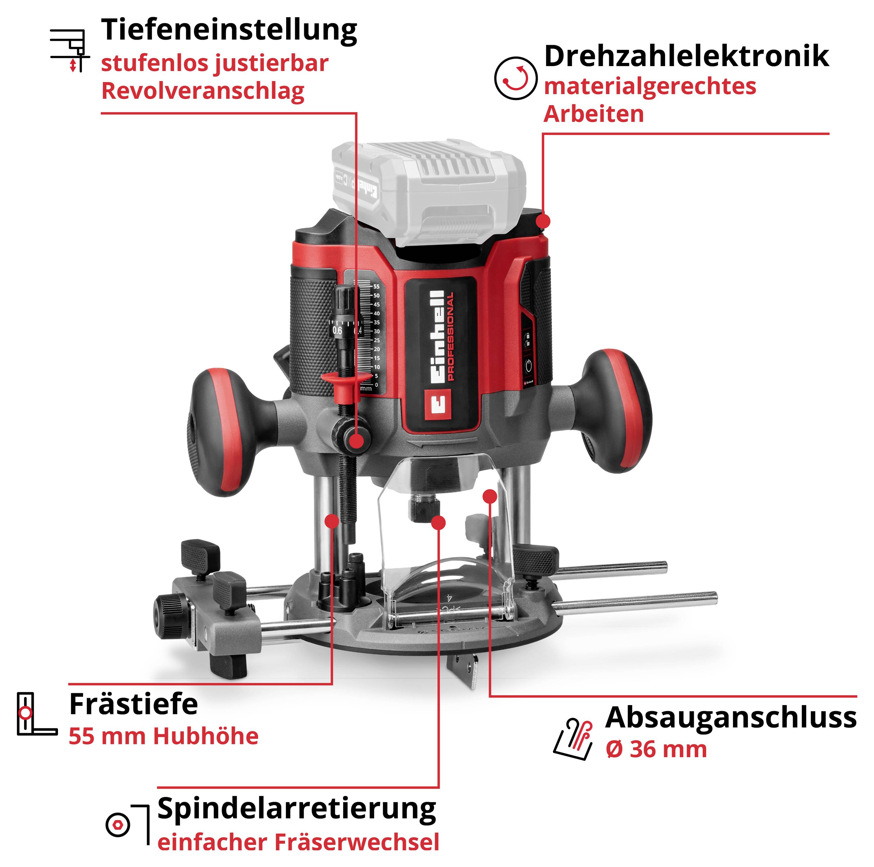 Beschriftete Fräse mit Funktionen: Tiefeneinstellung stufenlos, Drehzahlregelung, Frästiefe 55 mm, Spindelarretierung und Absauganschluss Ø 36 mm.
