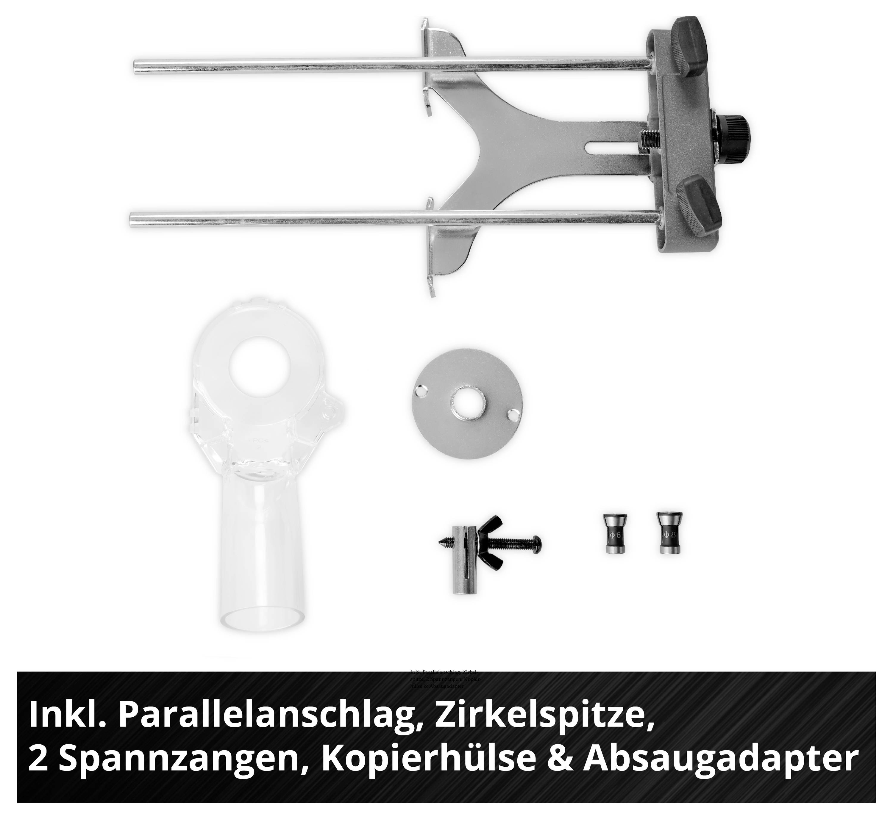 Set aus Fräszubehör mit Parallelanschlag, Zirkelspitze, 2 Spannzangen, Kopierhülse und Absaugadapter; beschriftet im Bild.