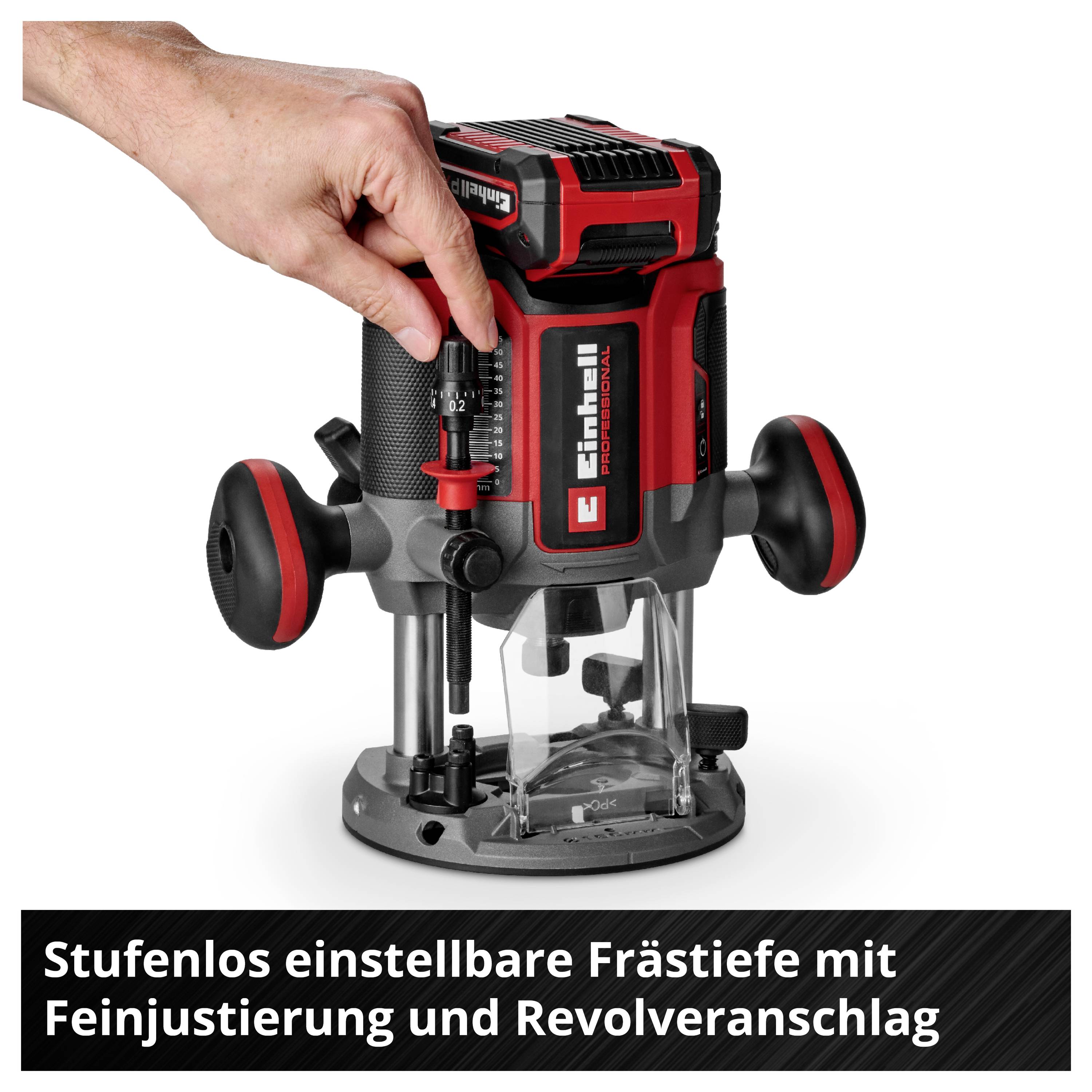 Hand bedient eine rote und schwarze Oberfräse mit Feineinstellung; unten steht: 'Stufenlos einstellbare Frästiefe mit Feineinstellung und Revolveranschlag'.