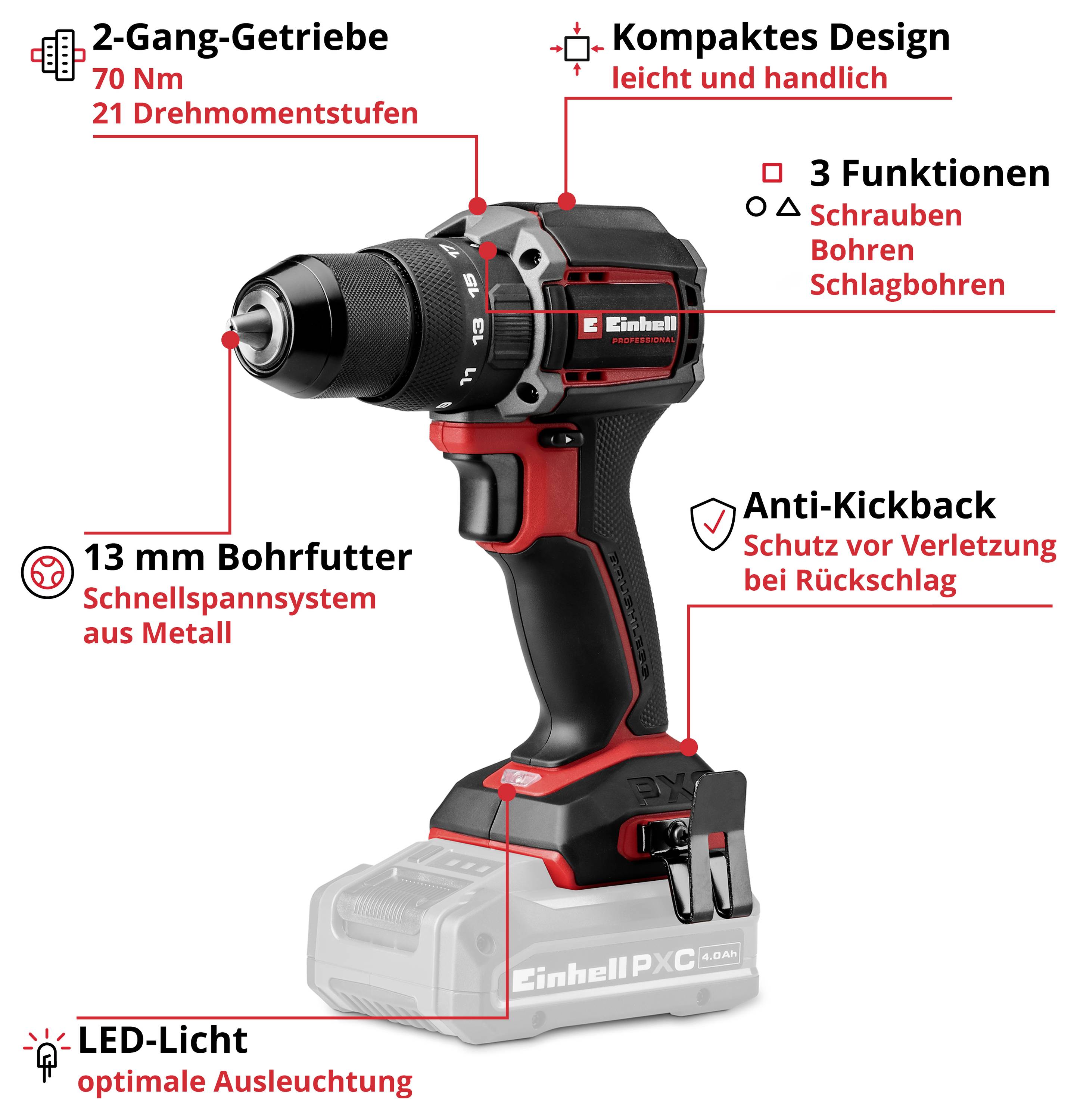 Akkuschrauber mit 2-Gang-Getriebe, 21 Drehmomentstufen, 13 mm Schnellspannbohrfutter, 3 Funktionen, Anti-Kickback und LED-Licht; auf Akku