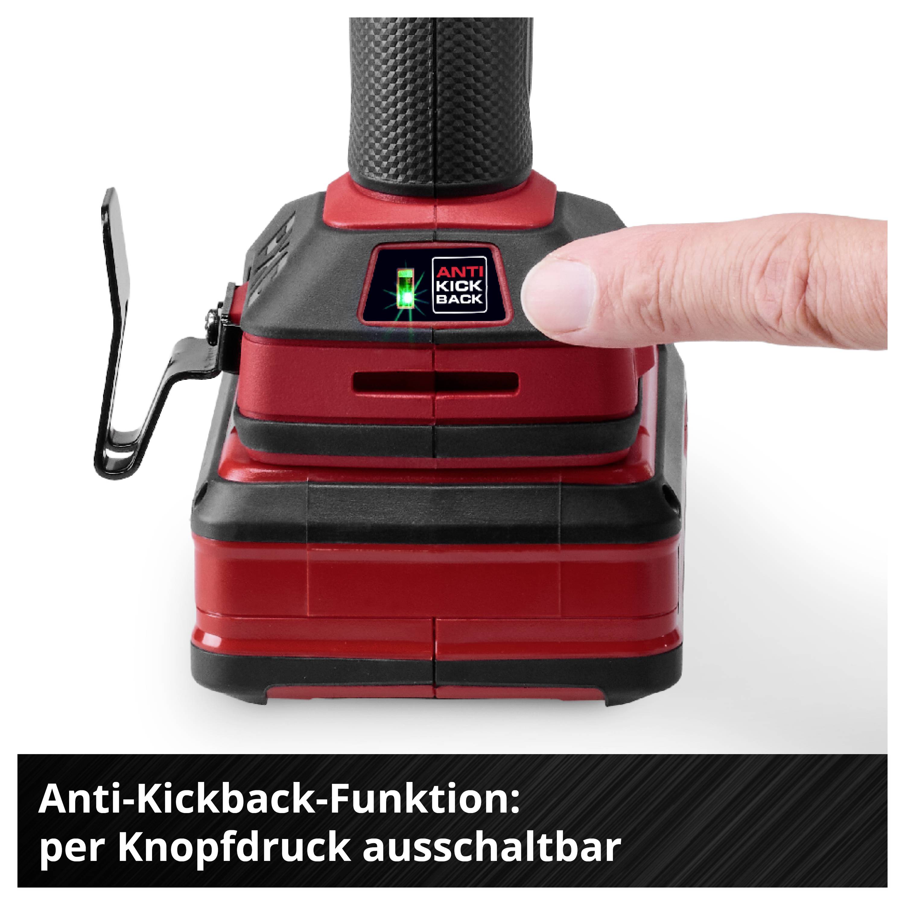 Akkugerät mit Anti-Kickback-Anzeige; ein Finger drückt die Taste, um die Funktion auszuschalten. Unten steht: 'Anti-Kickback-Funktion: per Knopfdruck ausschaltbar'