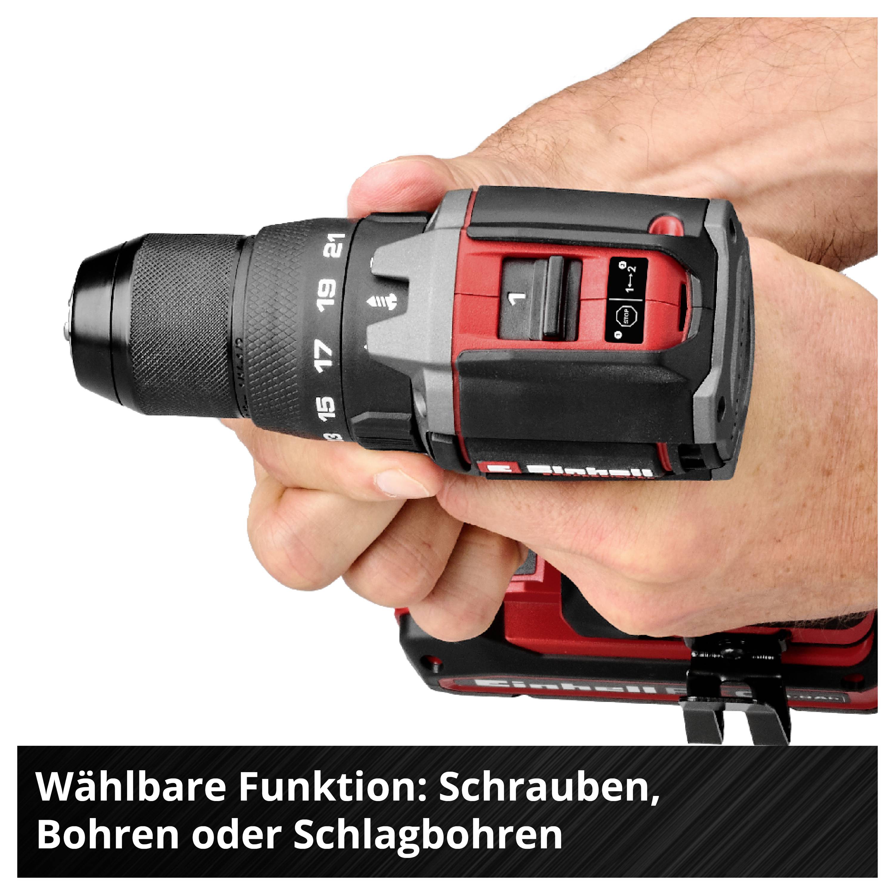 Hand hält einen Akku-Bohrschrauber mit einstellbarem Drehmoment; Hinweis: 'Wählbare Funktion: Schrauben, Bohren oder Schlagbohren'.