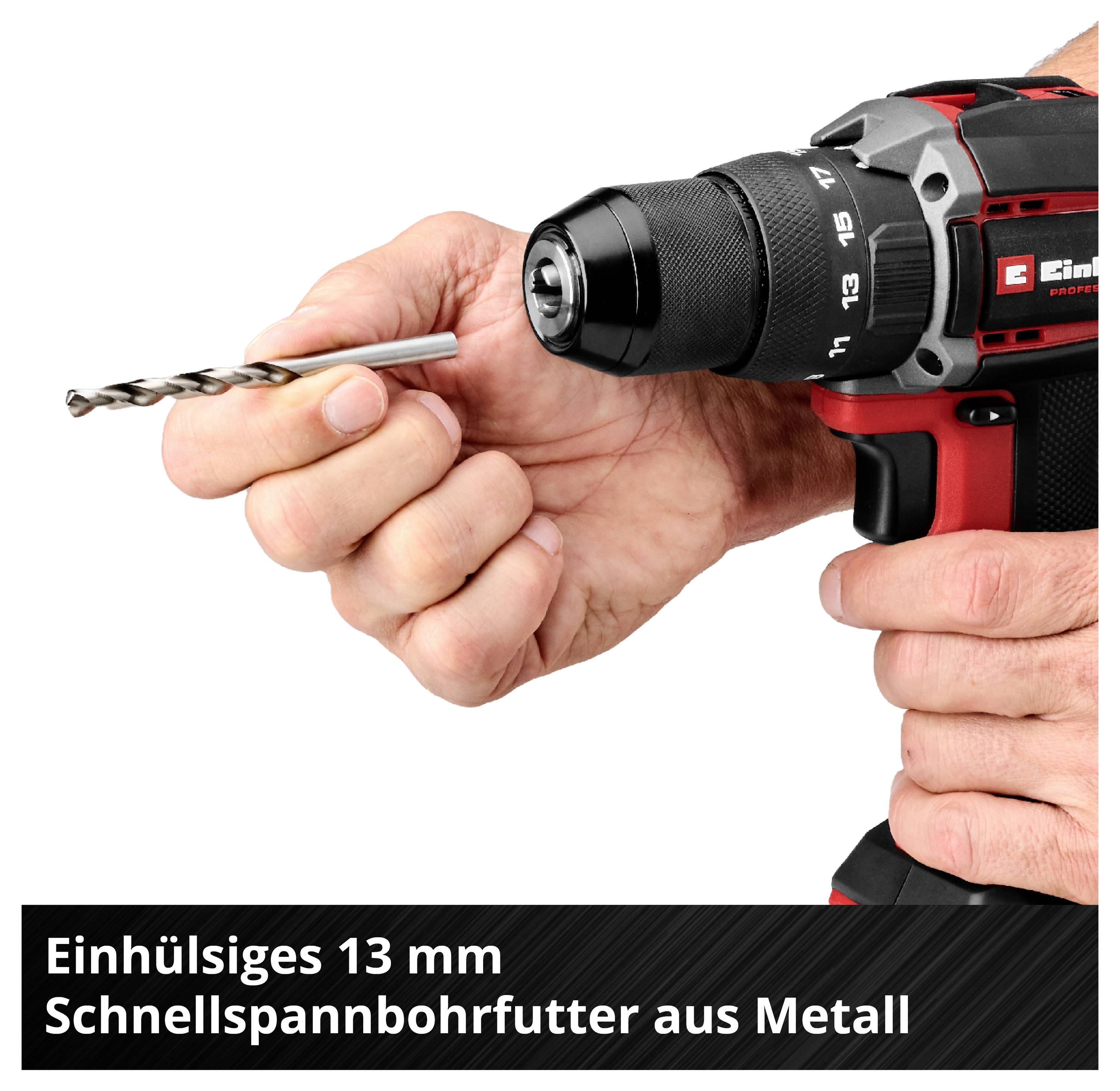 Handbohrmaschine mit eingespanntem Bohrer; Text: 'Einhülsiges 13 mm Schnellspannbohrfutter aus Metall'.