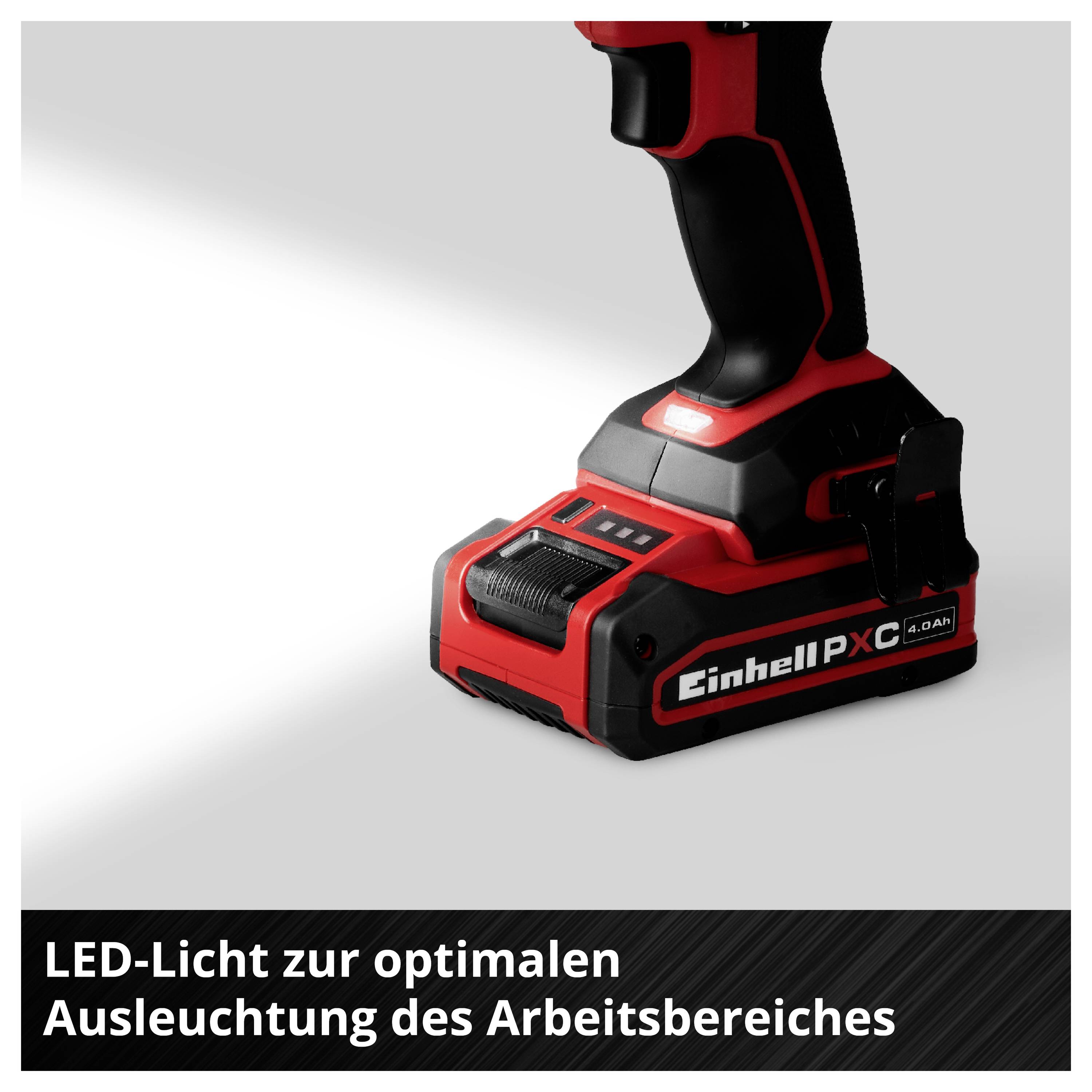 Akkuschrauber/Bohrschrauber von Einhell mit LED-Licht; Text: 'LED-Licht zur optimalen Ausleuchtung des Arbeitsbereiches'.