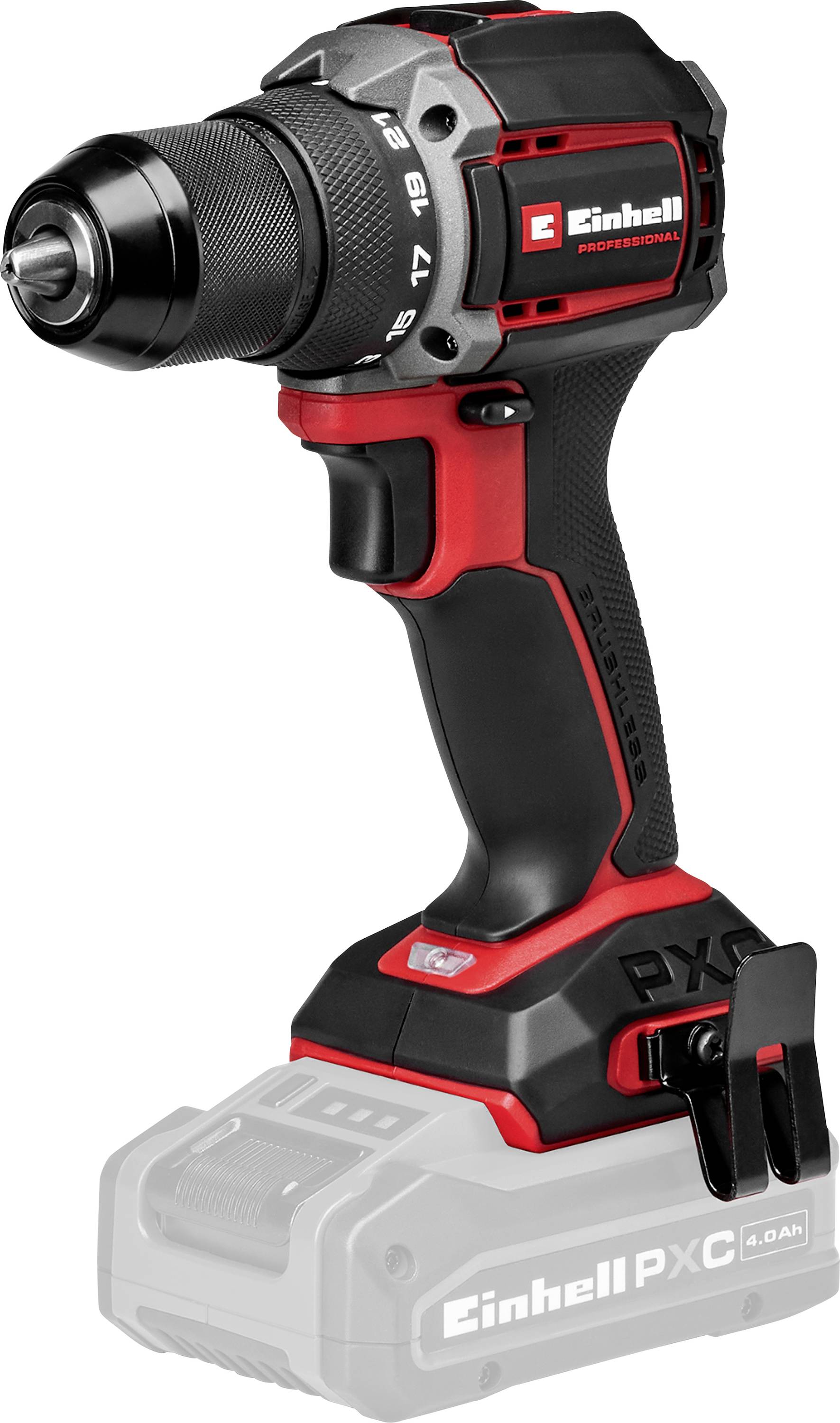 Schnurloses Einhell Power X-Change Bohrschrauber aufrecht auf weißem Hintergrund gezeigt, schwarz und rot mit sichtbarem Batteriefuß.
