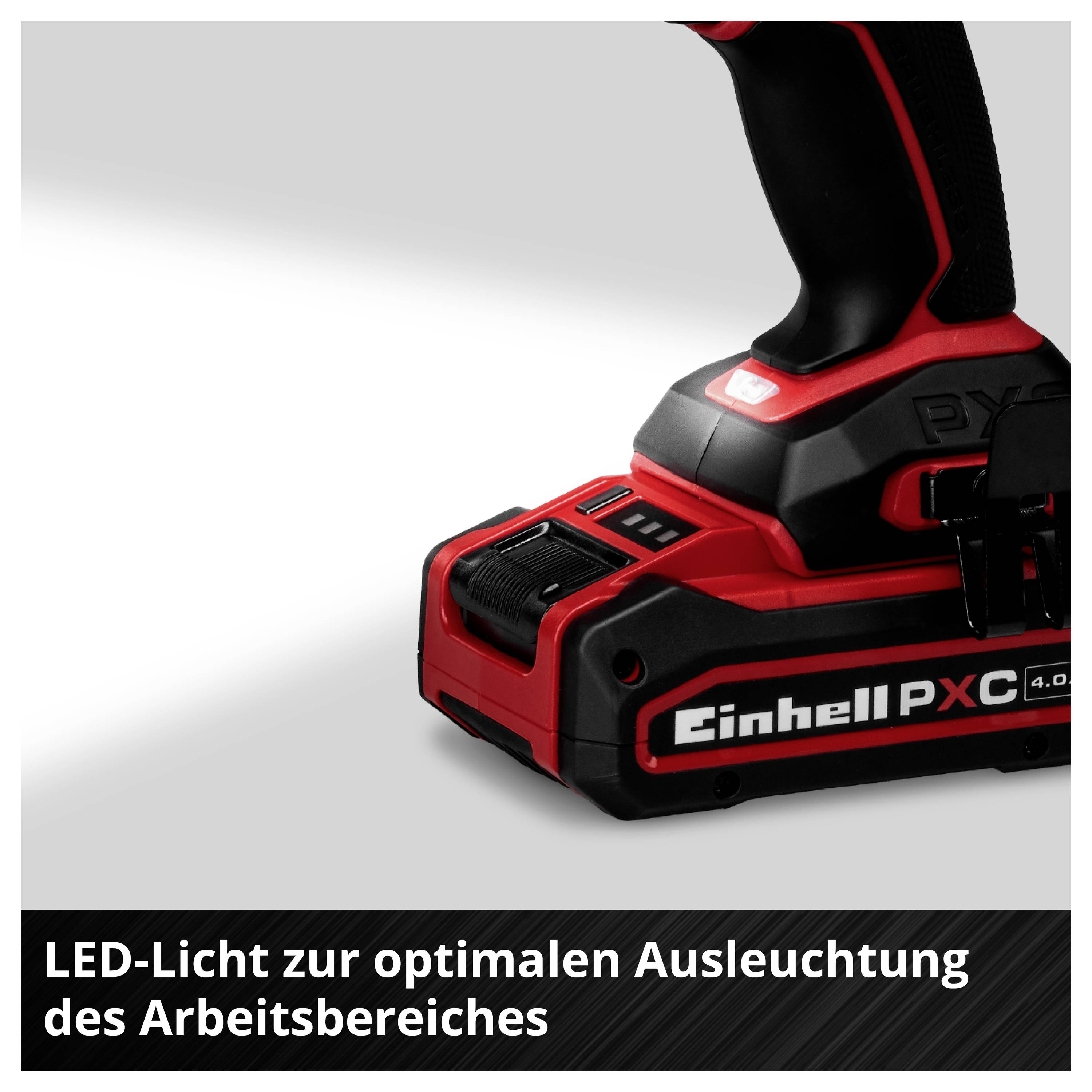Akkuschrauber mit eingeschaltetem LED-Licht; Text: 'LED-Licht zur optimalen Ausleuchtung des Arbeitsbereiches'.