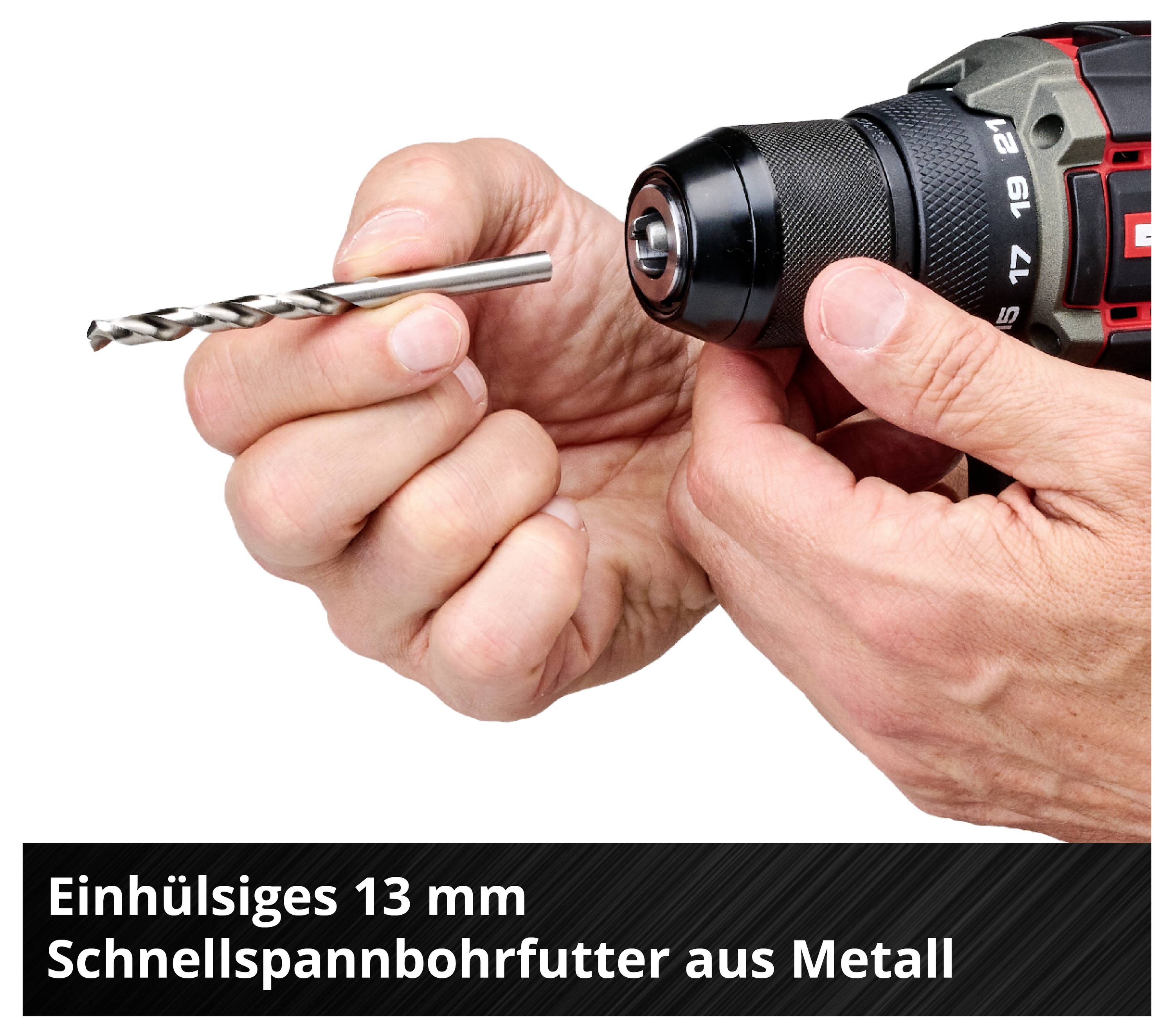 Hände setzen einen Bohrer in ein Bohrfutter; Text: 'Einhülsiges 13 mm Schnellspannbohrfutter aus Metall'.