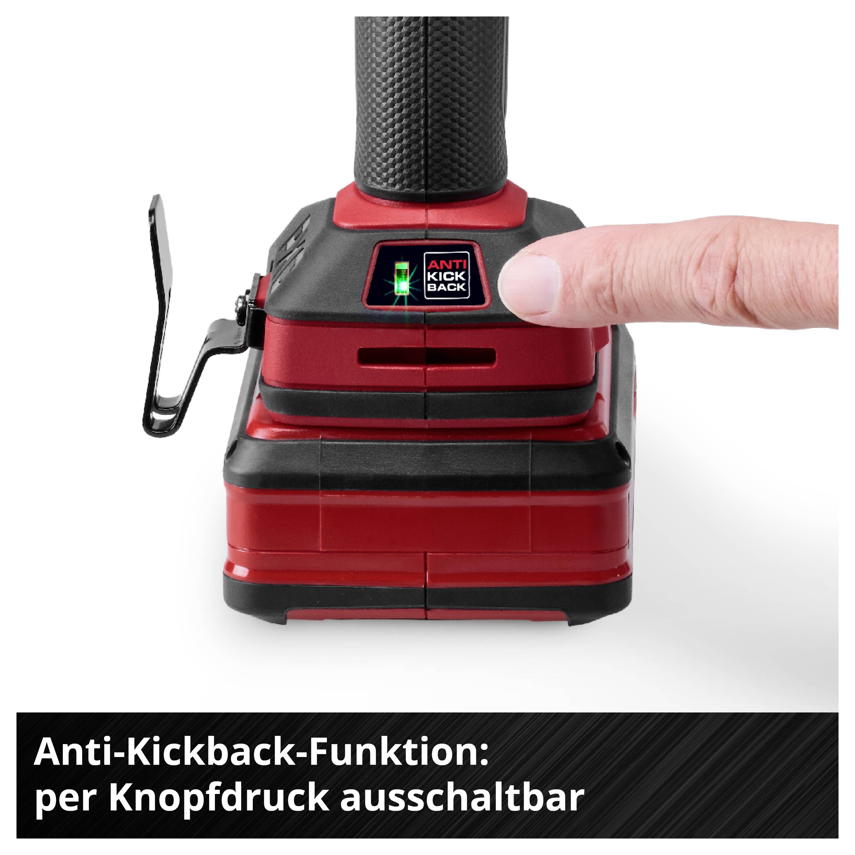 Rot-schwarzer Akku-Winkelschleifer mit Daumen auf dem 'Anti Kick Back'-Schalter; Text: 'Anti-Kickback-Funktion: per Knopfdruck ausschaltbar'.