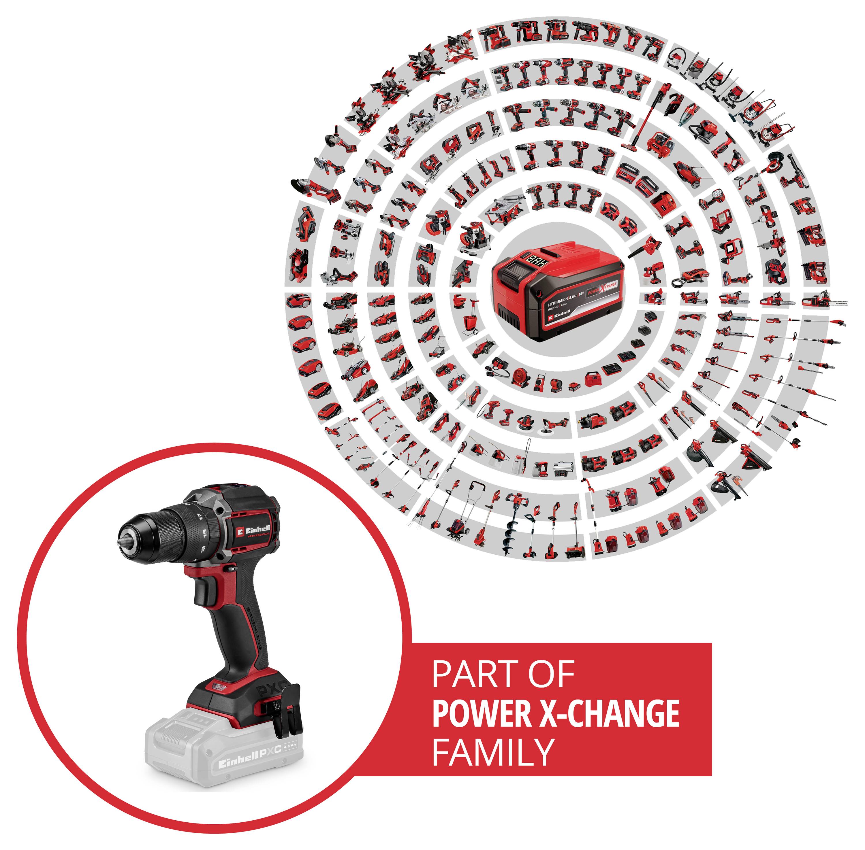 Werbegraik mit einer kabellosen Bohrmaschine und einer batteriegesteuerten Kreisanzeige kompatibler Power X-Change-Werkzeuge, beschriftet mit „TEIL DER POWER X-CHANGE FAMILIE