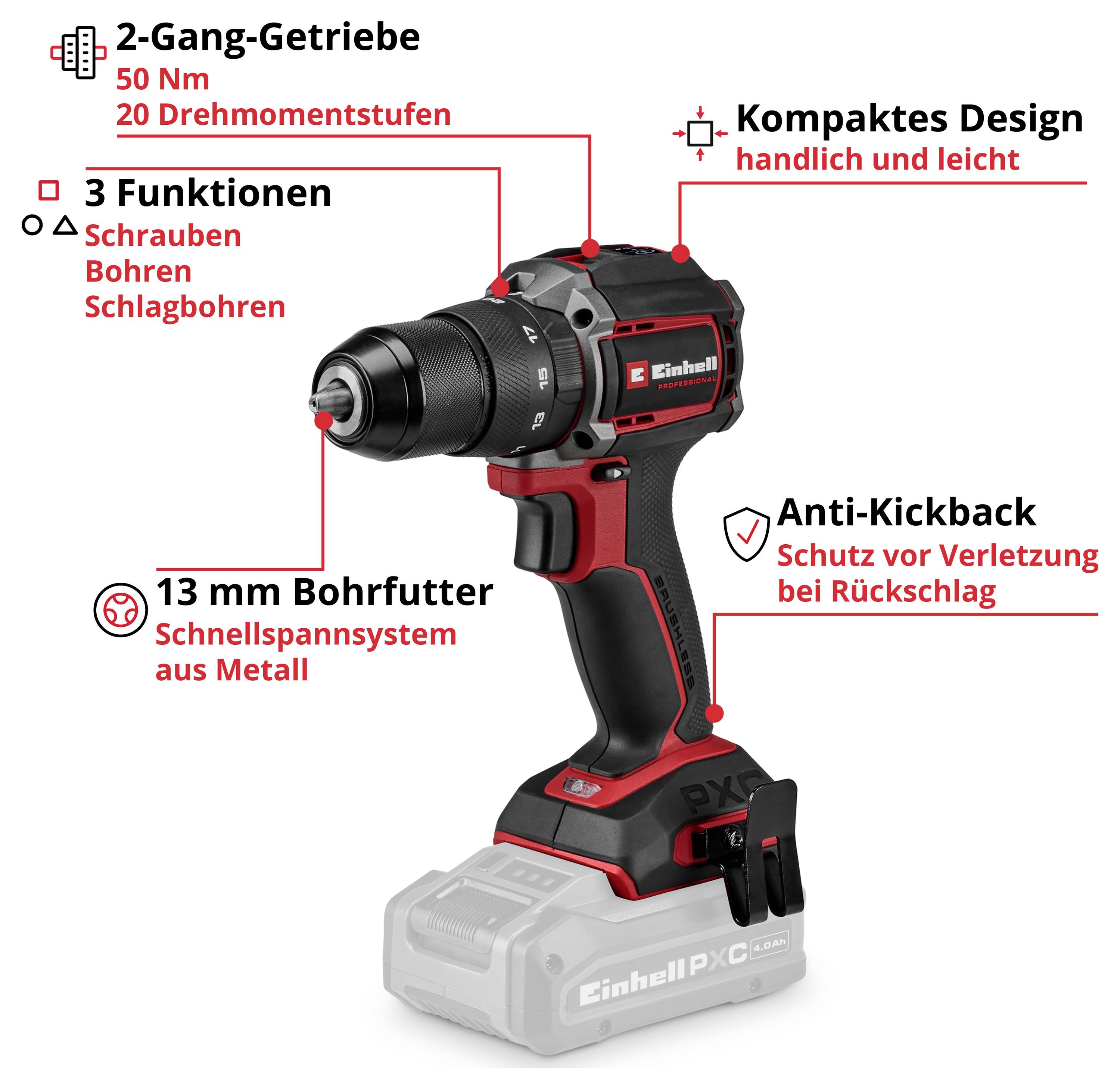 Produktgrafik einer Akku-Bohrmaschine mit beschrifteten Funktionen: 2-Gang-Getriebe, 3 Funktionen, 13-mm-Bohrfutter, kompaktes Design, Anti-Kickback-Schutz.