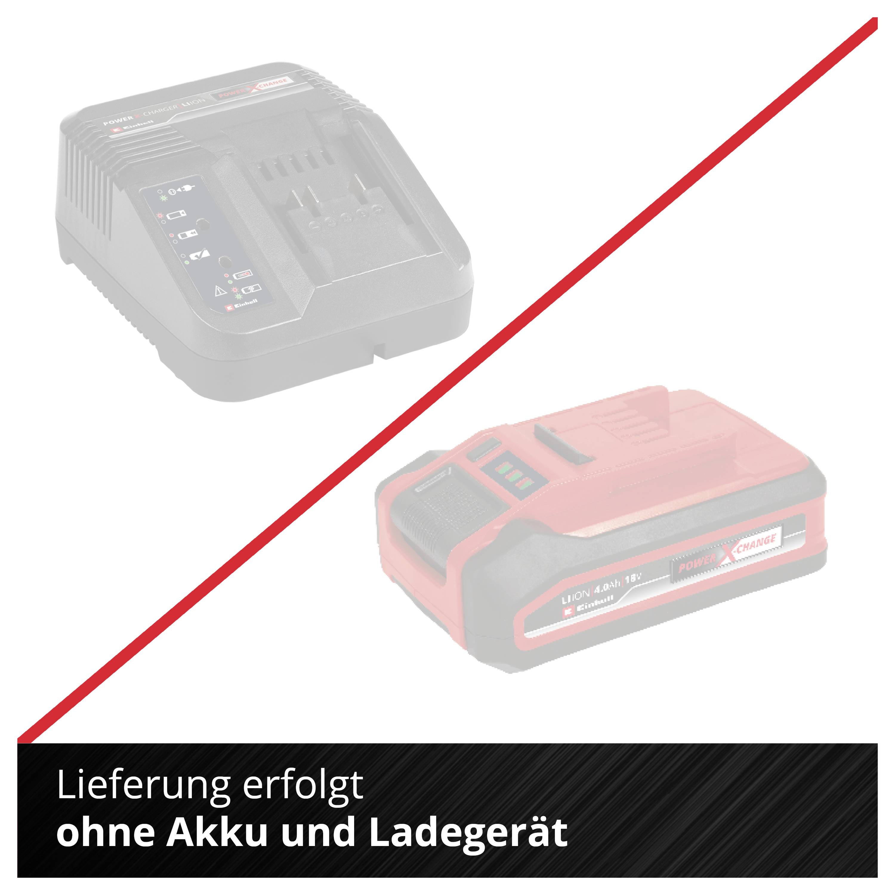 Hinweisgrafik: Lieferung erfolgt ohne Akku und Ladegerät; ausgegrautes Ladegerät und Akku mit roter Diagonallinie als Ausschlusszeichen.