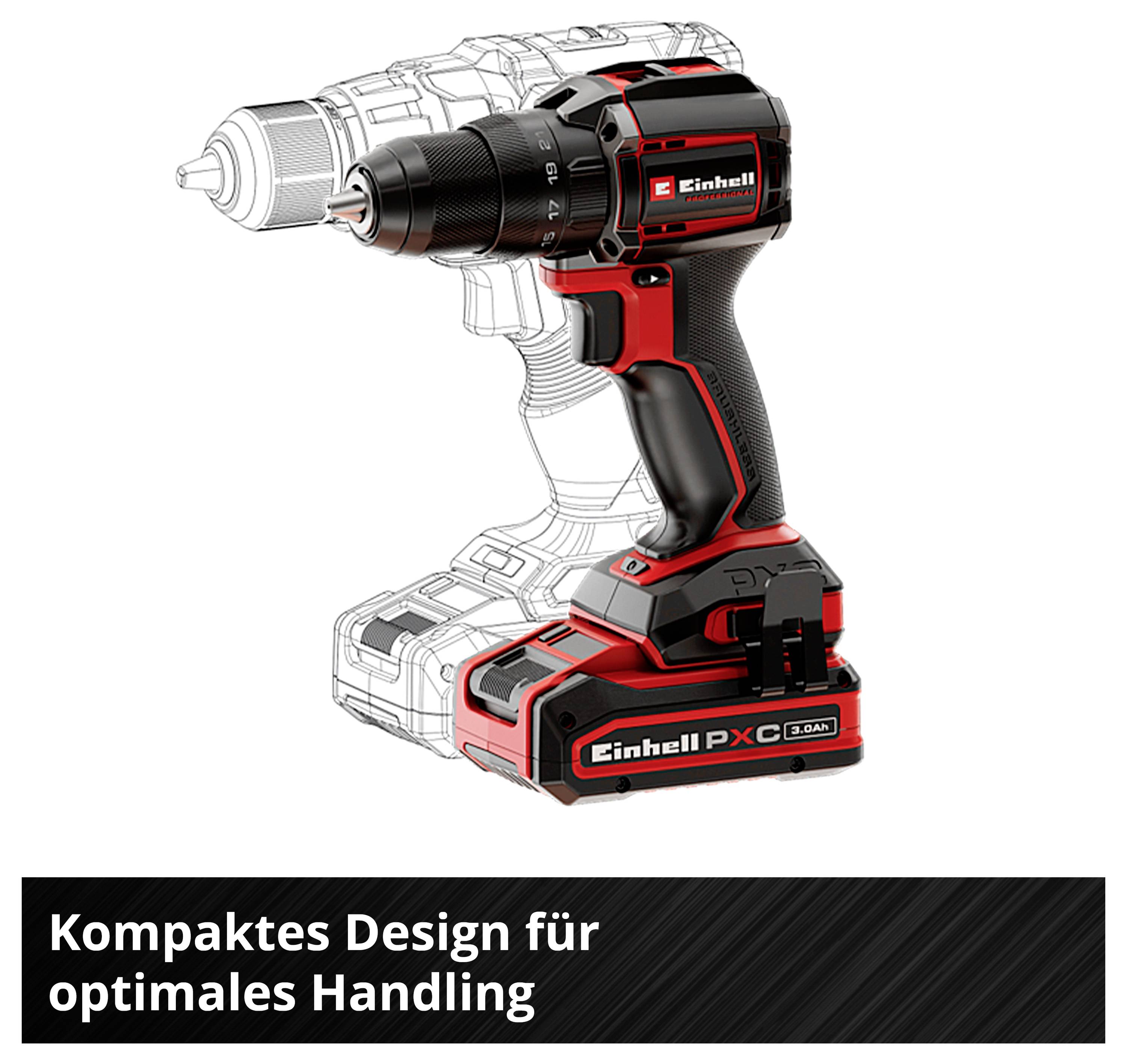 Akkuschrauber von Einhell in Schwarz-Rot mit Akku; darunter Text: 'Kompaktes Design für optimales Handling'.