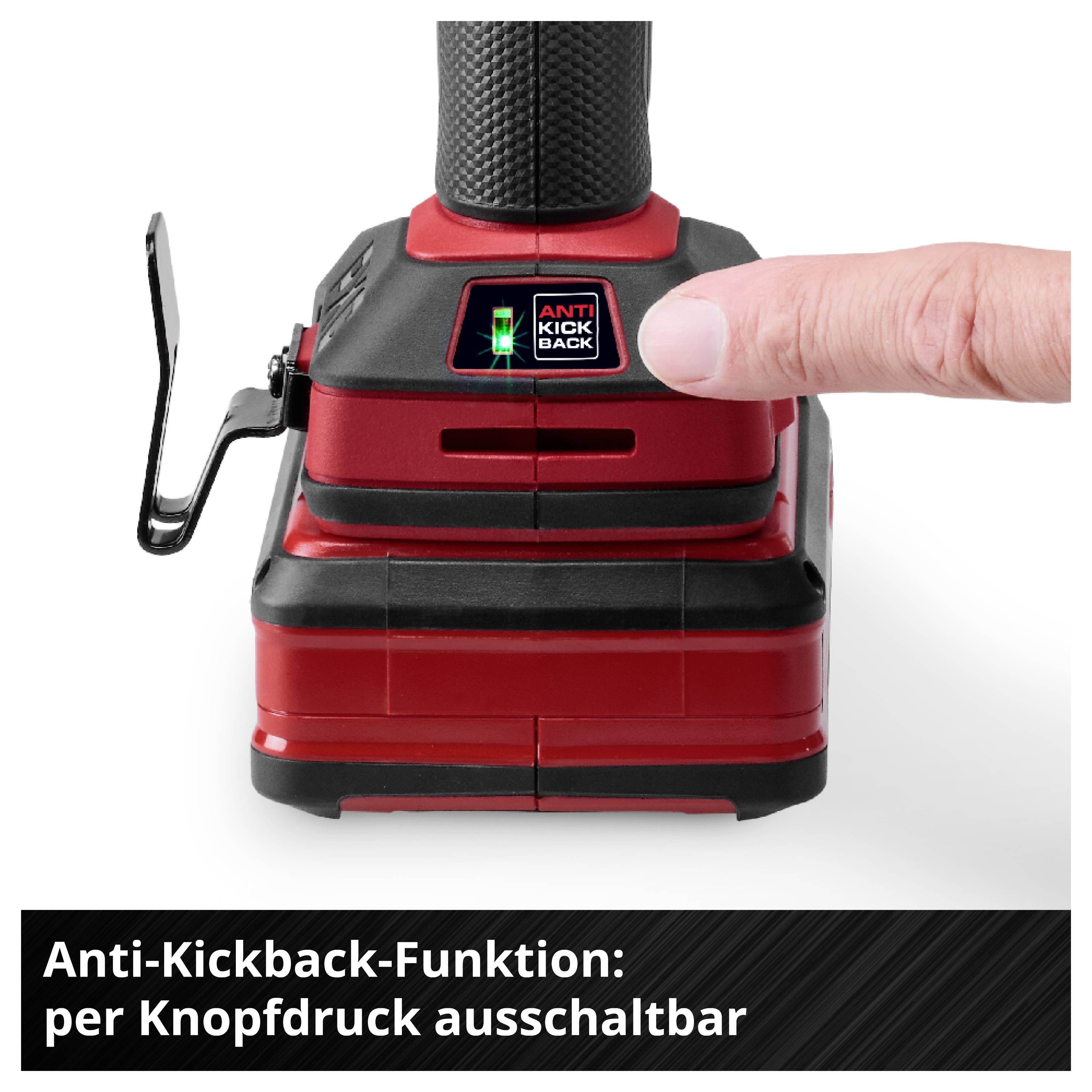 Bohrschrauber mit 'Anti-Kickback'-Anzeige; ein Finger drückt den Schalter. Hinweis: Anti-Kickback-Funktion per Knopfdruck ausschaltbar.