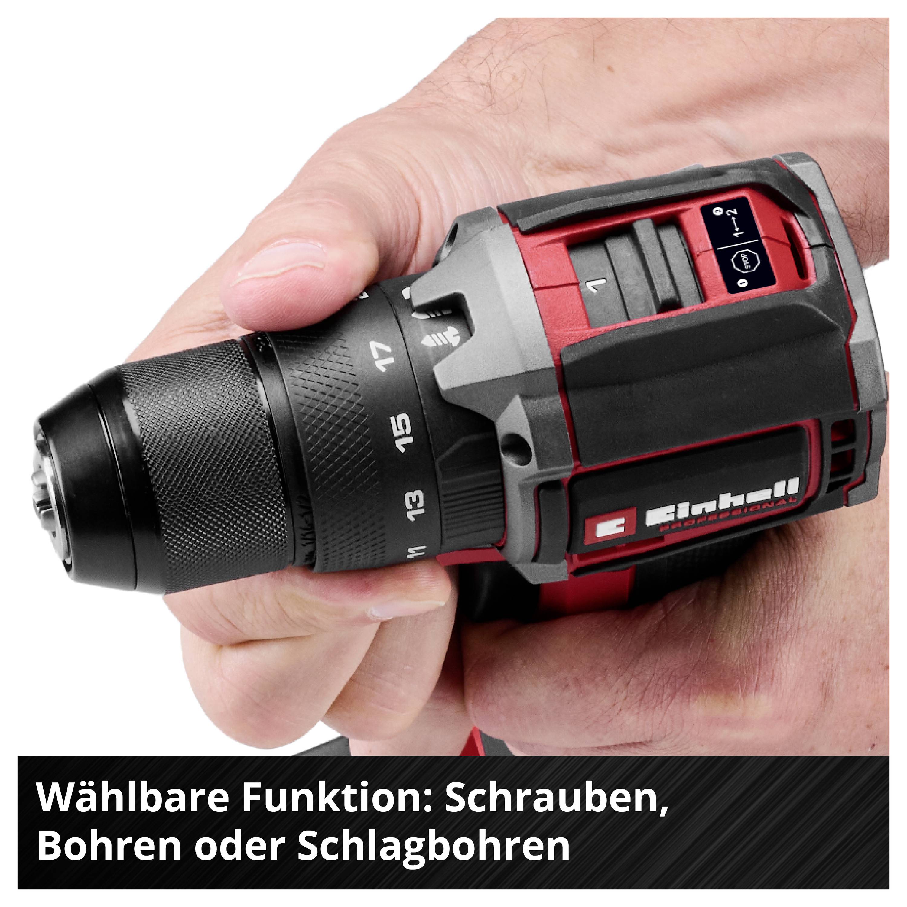 Hand hält einen Akku-Bohrschrauber; eingeblendeter Text: 'Wählbare Funktion: Schrauben, Bohren oder Schlagbohren'.