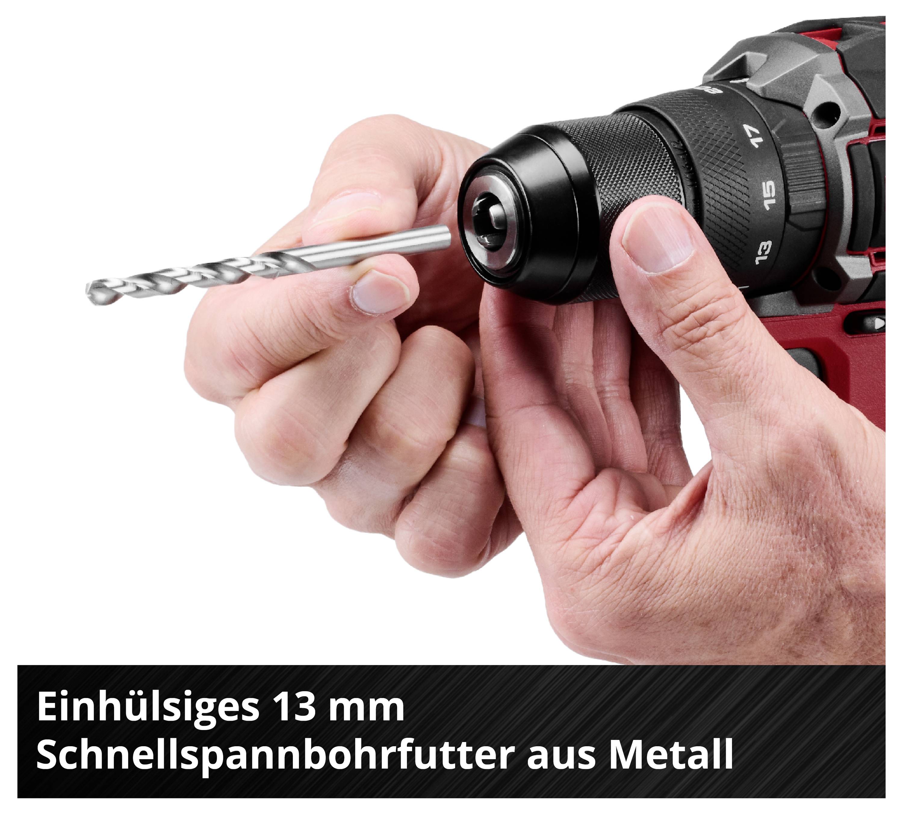 Hände setzen einen Bohrer in ein Schnellspannbohrfutter; unten steht 'Einhülsiges 13 mm Schnellspannbohrfutter aus Metall'.