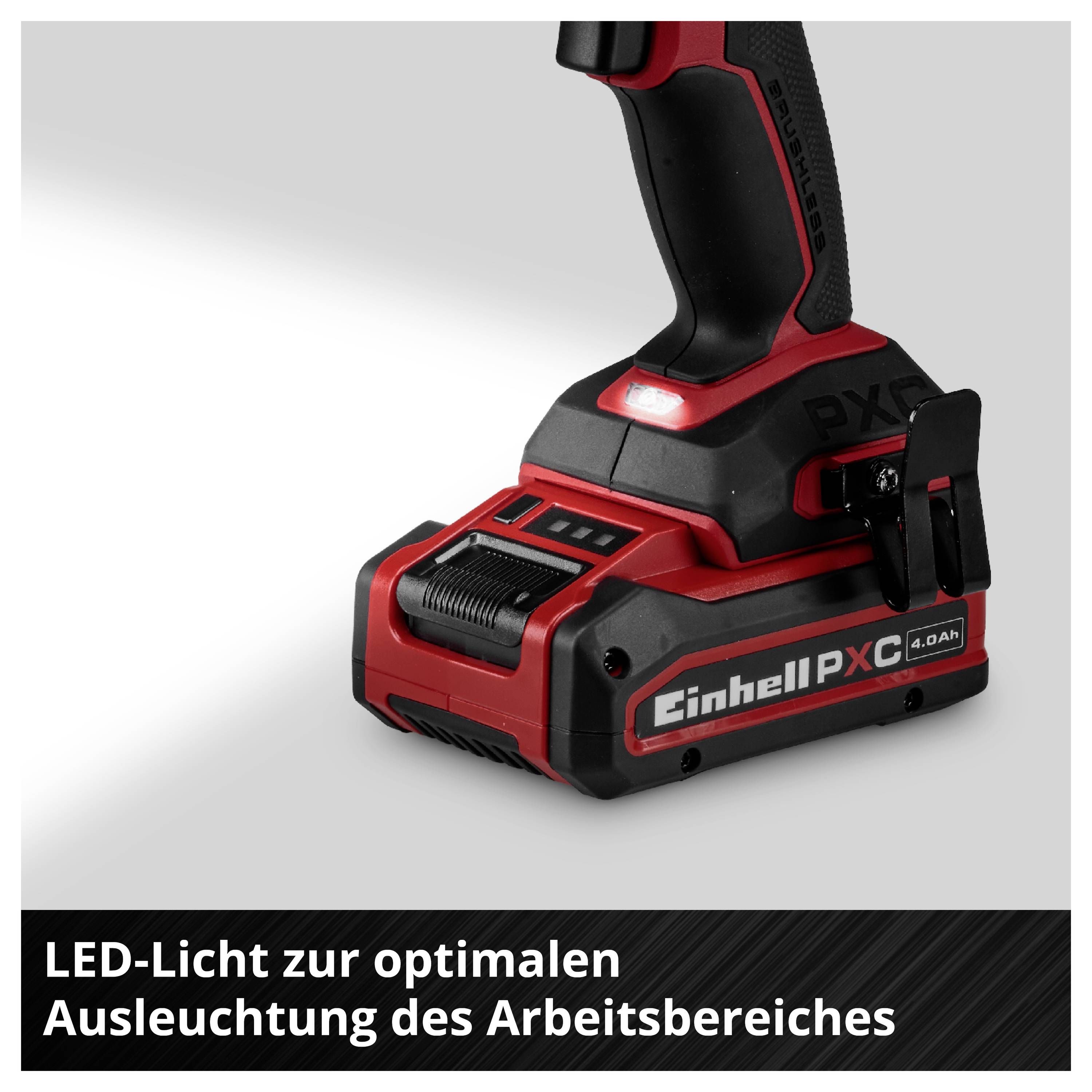 Kabelloser Einhell PXC-Akkuschrauber mit LED-Licht; Text: 'LED-Licht zur optimalen Ausleuchtung des Arbeitsbereiches'.