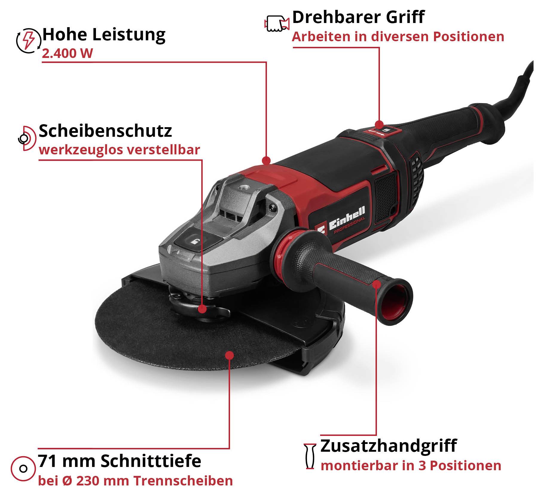 Produktgrafik eines Winkelschleifers mit hervorgehobenen Funktionen: 2400 W Leistung, drehbarer Griff, verstellbarer Scheibenschutz, 71 mm Schnitttiefe und Zusatzhandgriff in 3 Positionen.