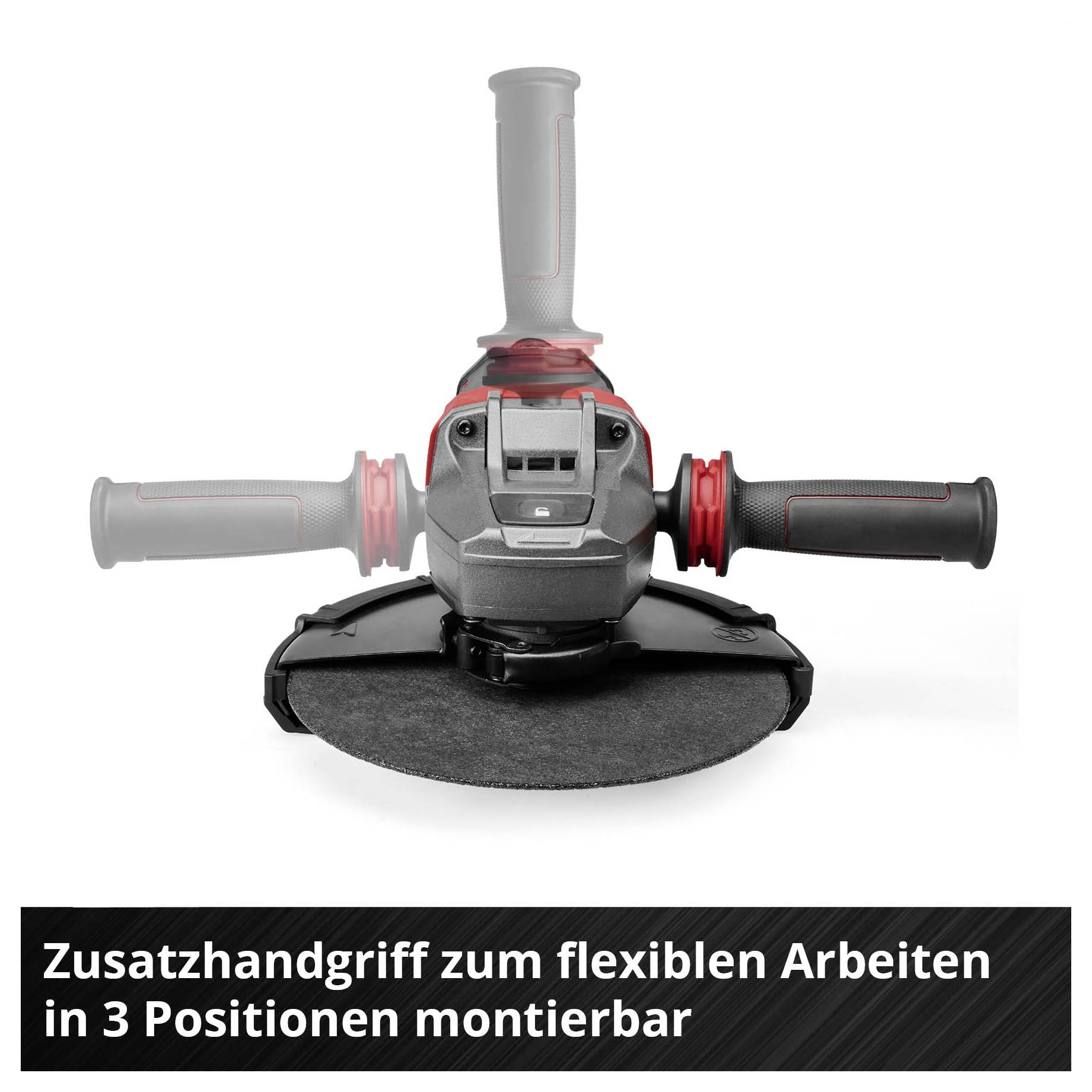 Winkelschleifer mit Zusatzhandgriff in drei Positionen montiert; Text: 'Zusatzhandgriff zum flexiblen Arbeiten in 3 Positionen montierbar'
