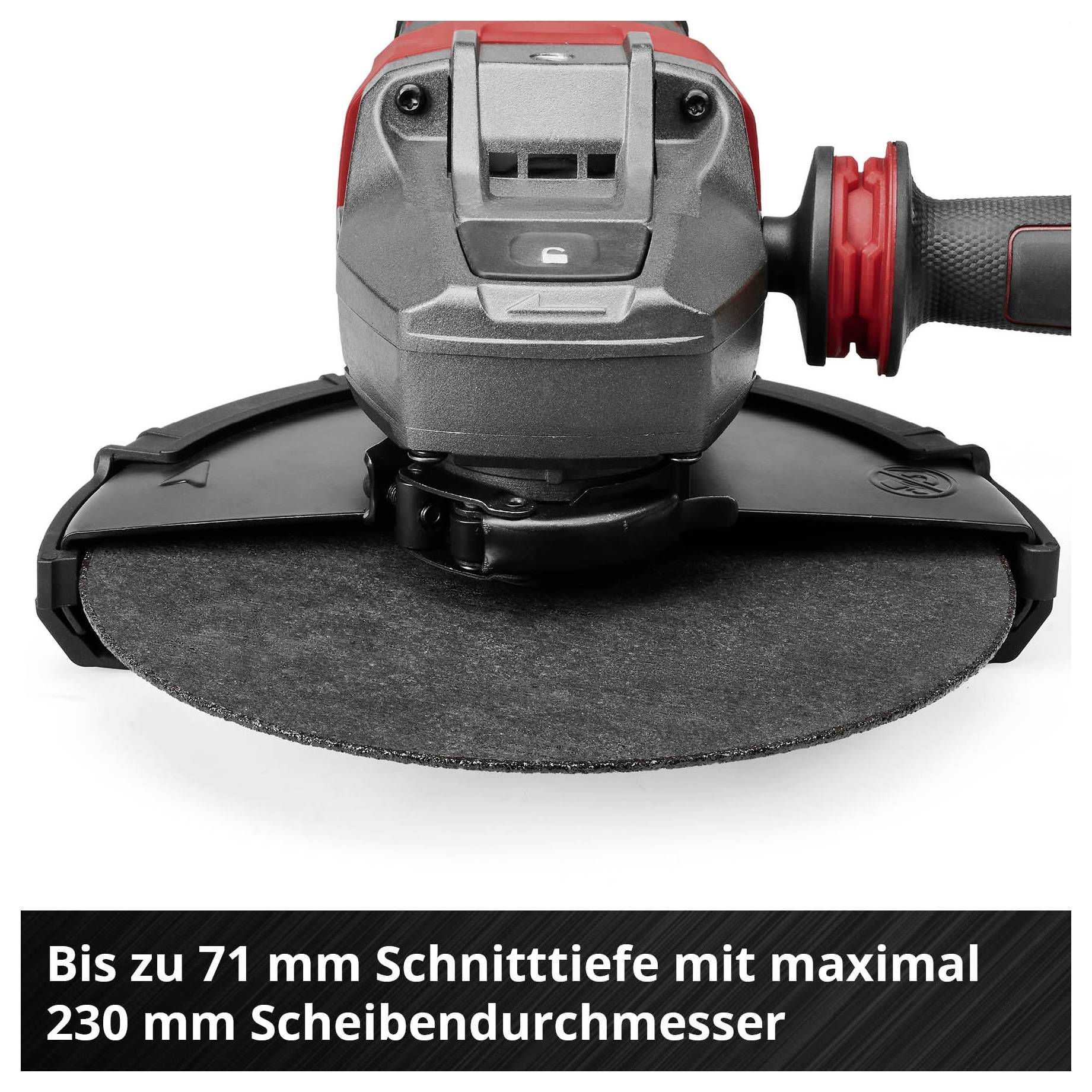 Winkelschleifer mit Schutzhaube und Schleifscheibe; Text: 'Bis zu 71 mm Schnitttiefe mit maximal 230 mm Scheibendurchmesser'