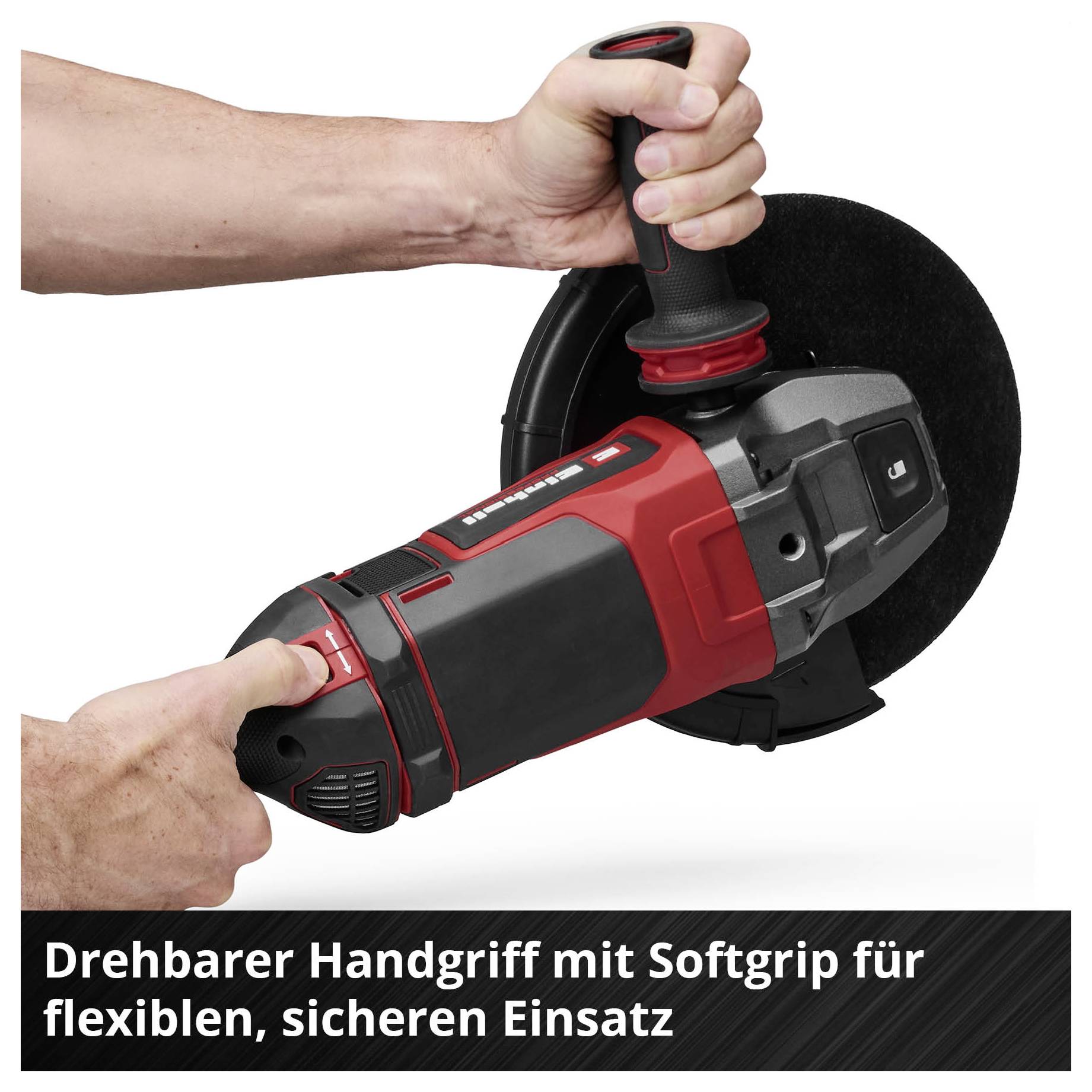 Winkelschleifer mit drehbarem Zusatzhandgriff; zwei Hände führen das Werkzeug sicher, darunter der Text 'Drehbarer Handgriff mit Softgrip für flexiblen, sicheren Einsatz'.