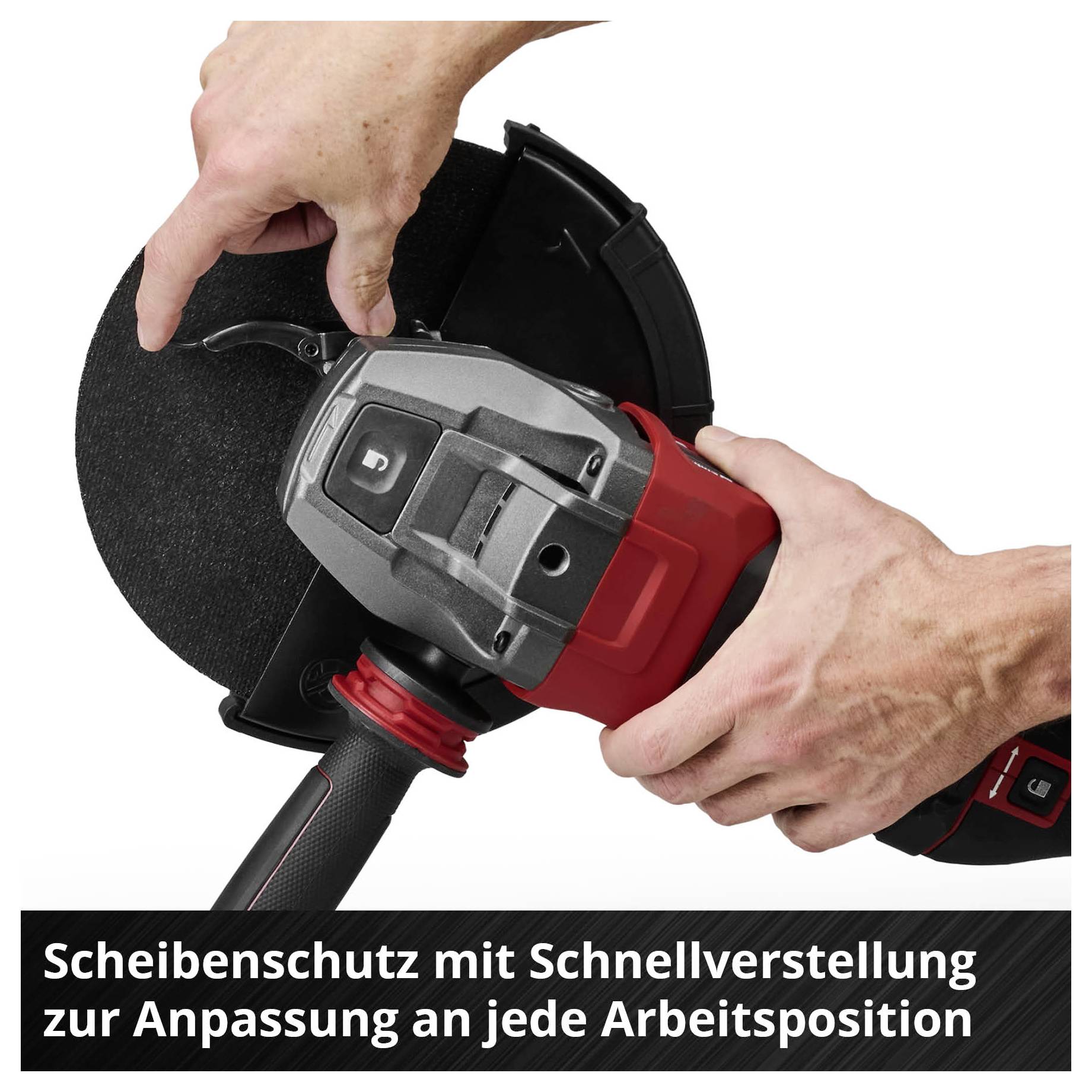 Winkelschleifer mit verstellbarem Scheibenschutz, der per Hand an verschiedene Arbeitspositionen angepasst wird.