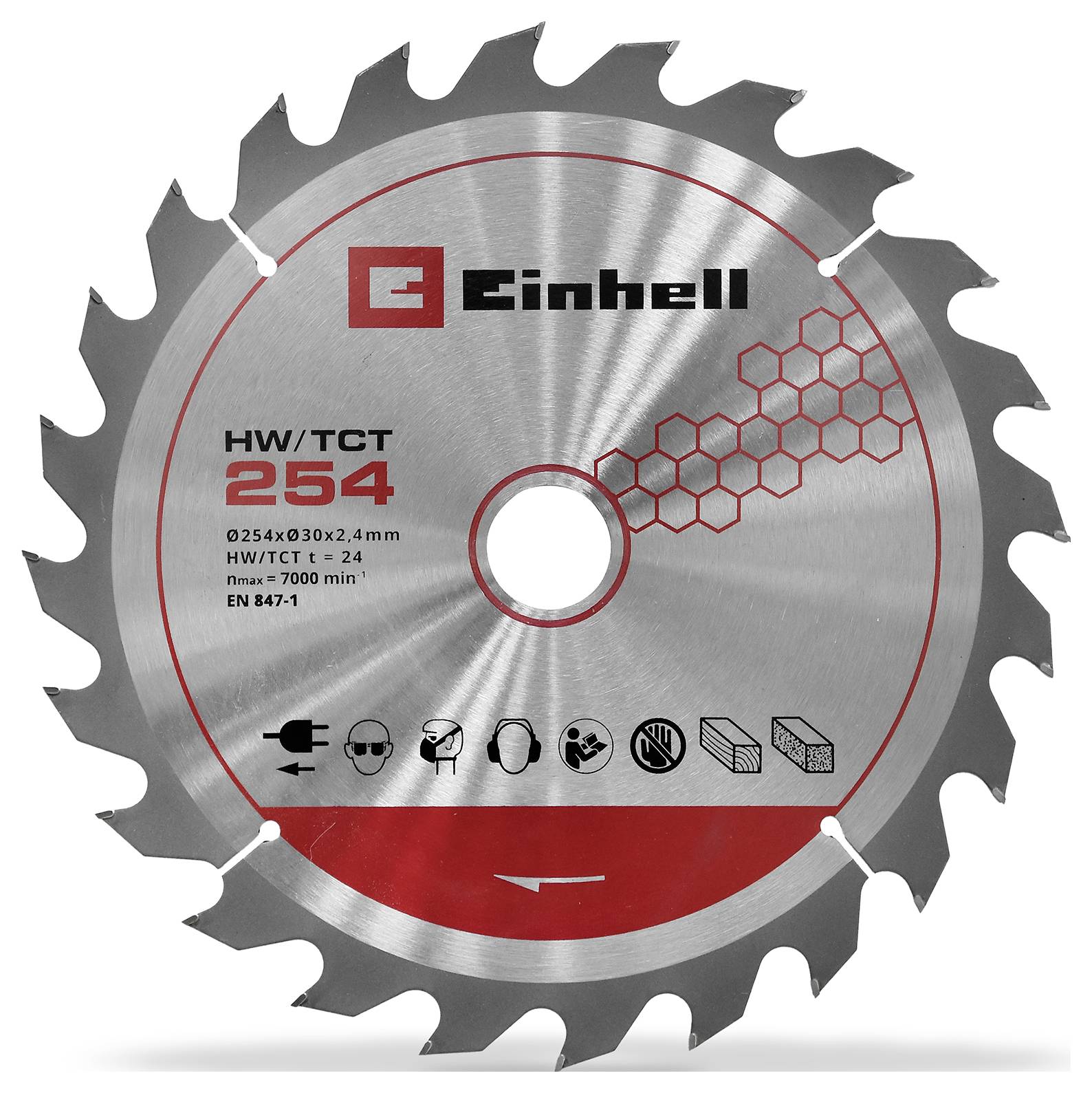 Einhell HW/TCT 254 Kreissägeblatt mit 24 Zähnen, von vorne gezeigt mit Metallkörper, rotem Etikett und Sechskantmuster.