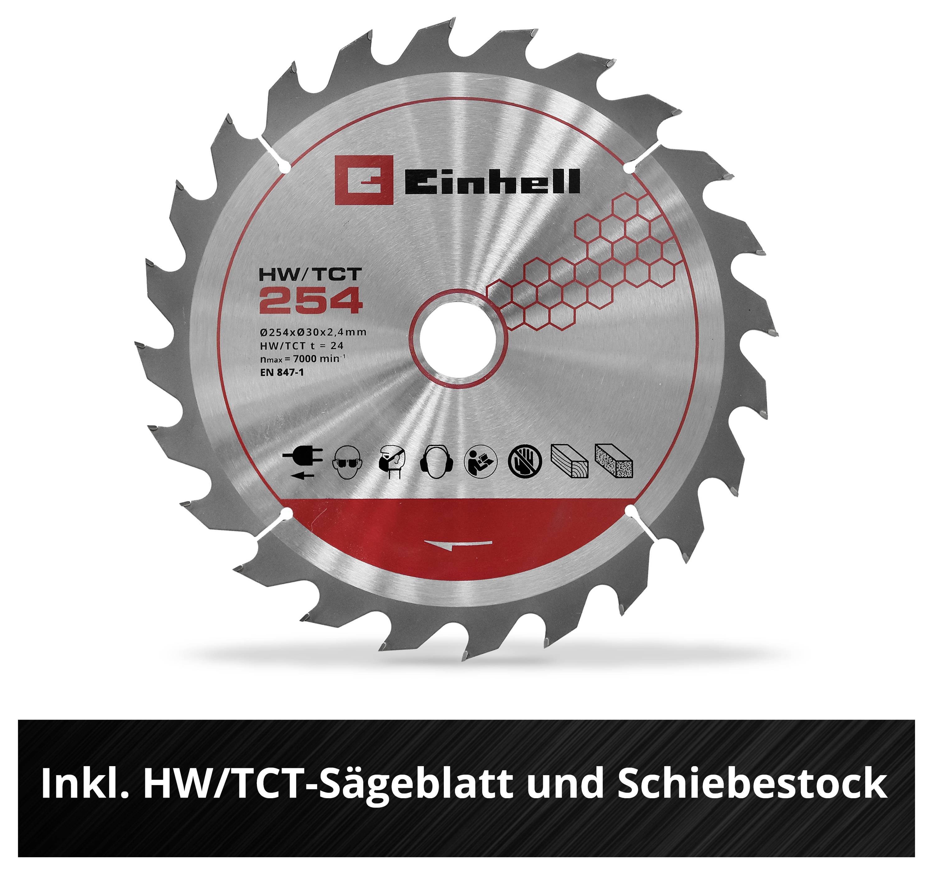 Kreissägeblatt von Einhell mit 254 mm Durchmesser; unten steht 'Inkl. HW/TCT-Sägeblatt und Schiebestock'.