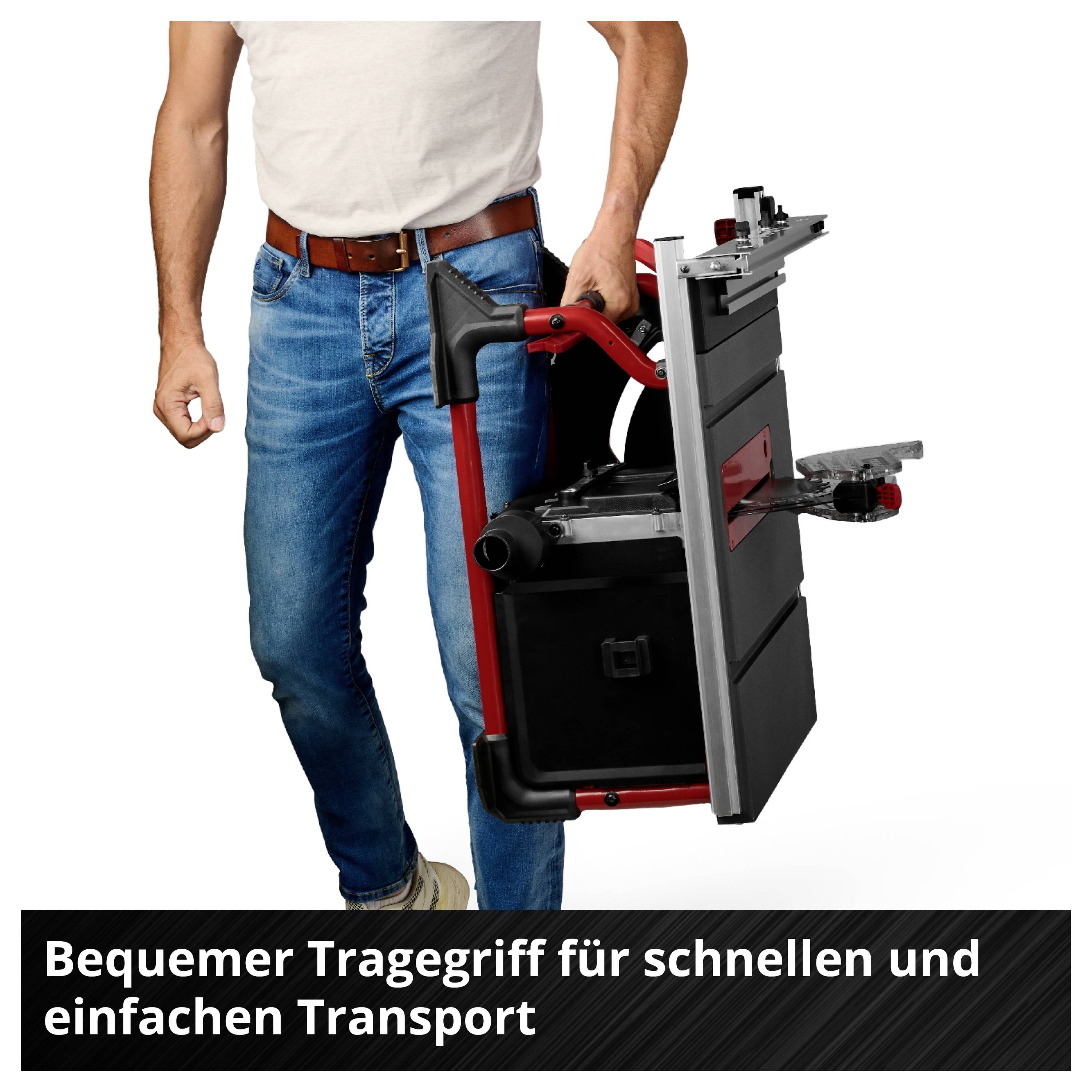 Mann trägt ein zusammenklappbares Transportgerät mit Griff; unten steht 'Bequemer Tragegriff für schnellen und einfachen Transport'.