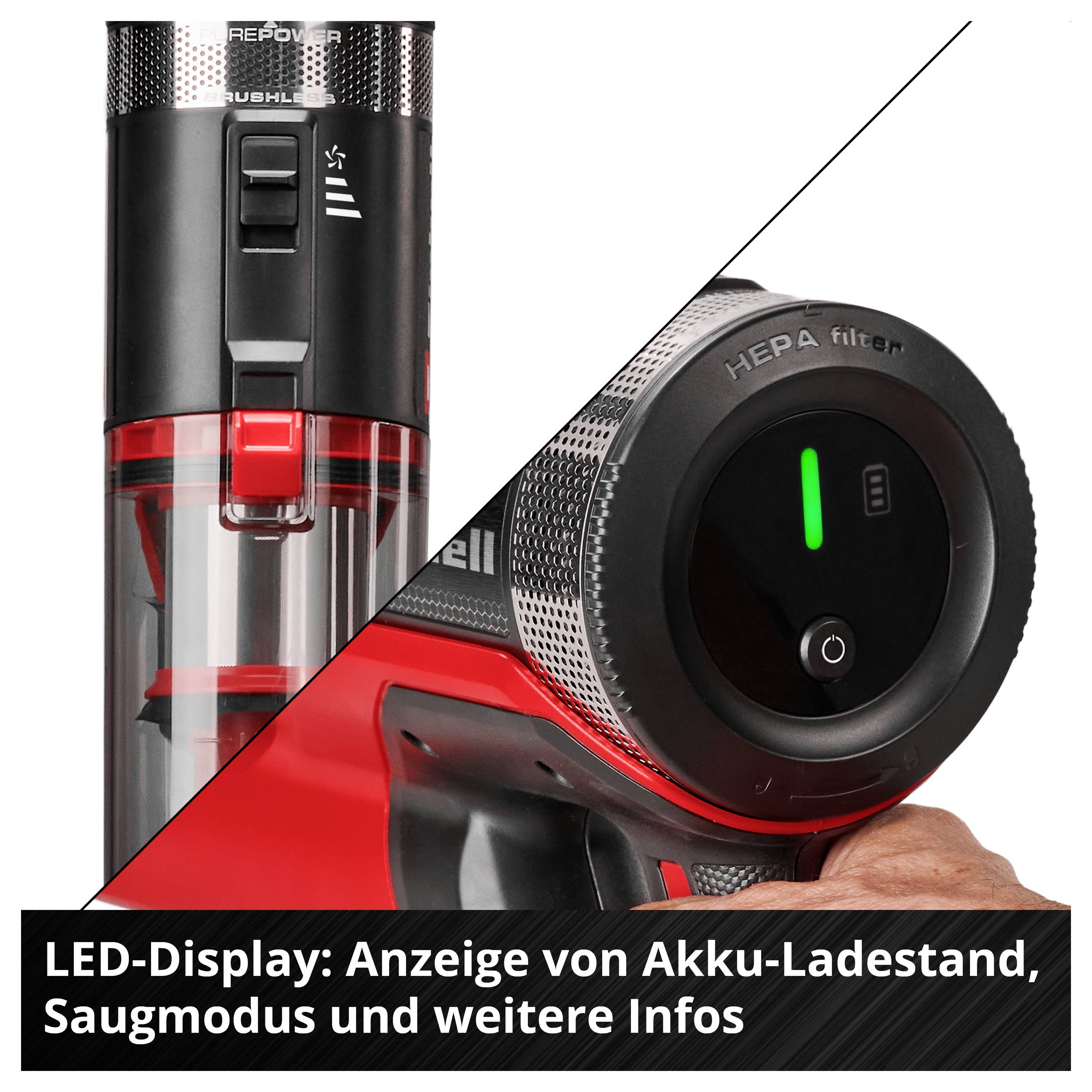 Akkustaubsauger mit LED-Display; zeigt Akku-Ladestand, Saugmodus und weitere Statusinfos.