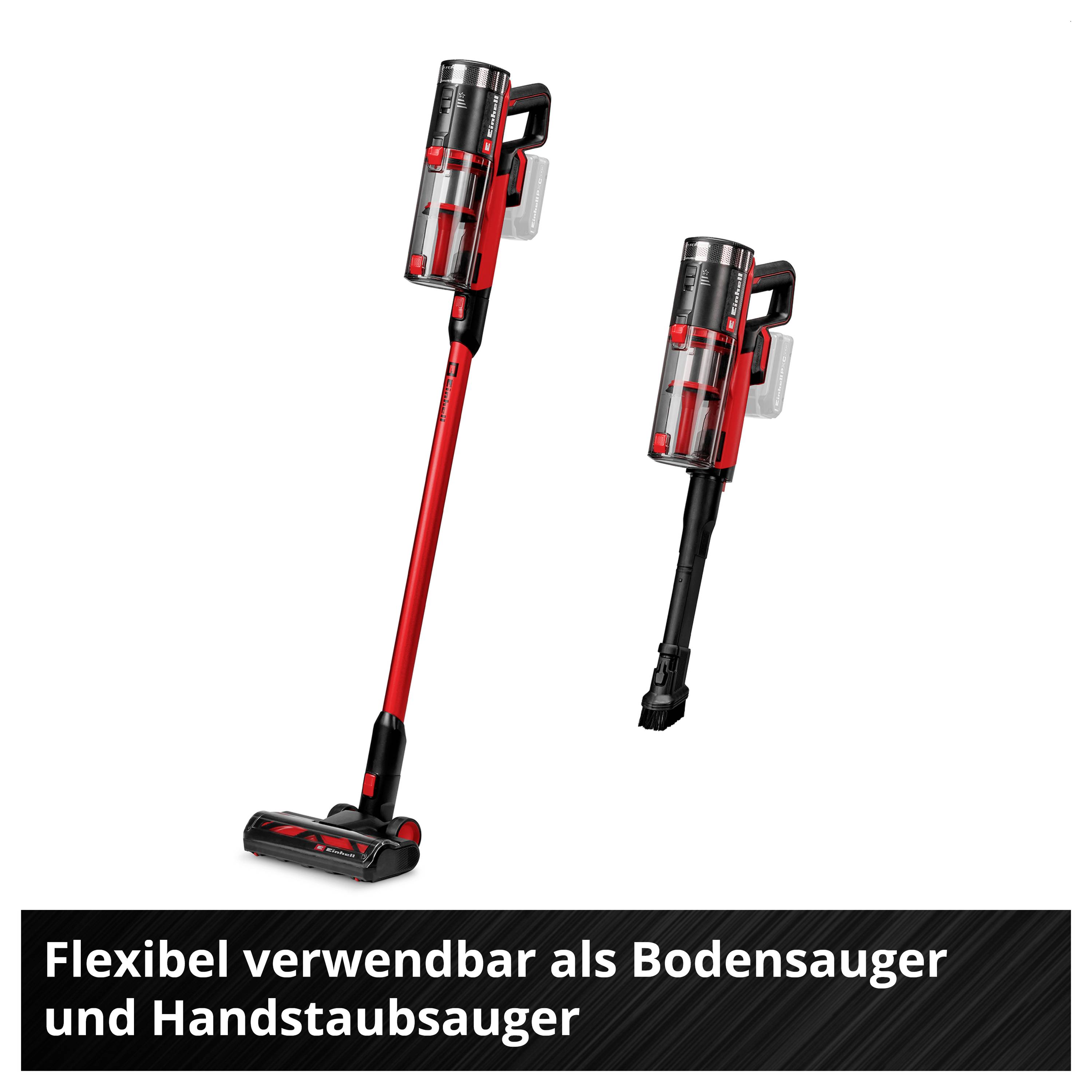 Hand hält einen kabellosen Einhell-Staubsauger mit beutellosem Staubfangbehälter; unten steht: 'Beutelloser Staubfangbehälter mit 2x Filter, Entleerung per Knopfdruck'.