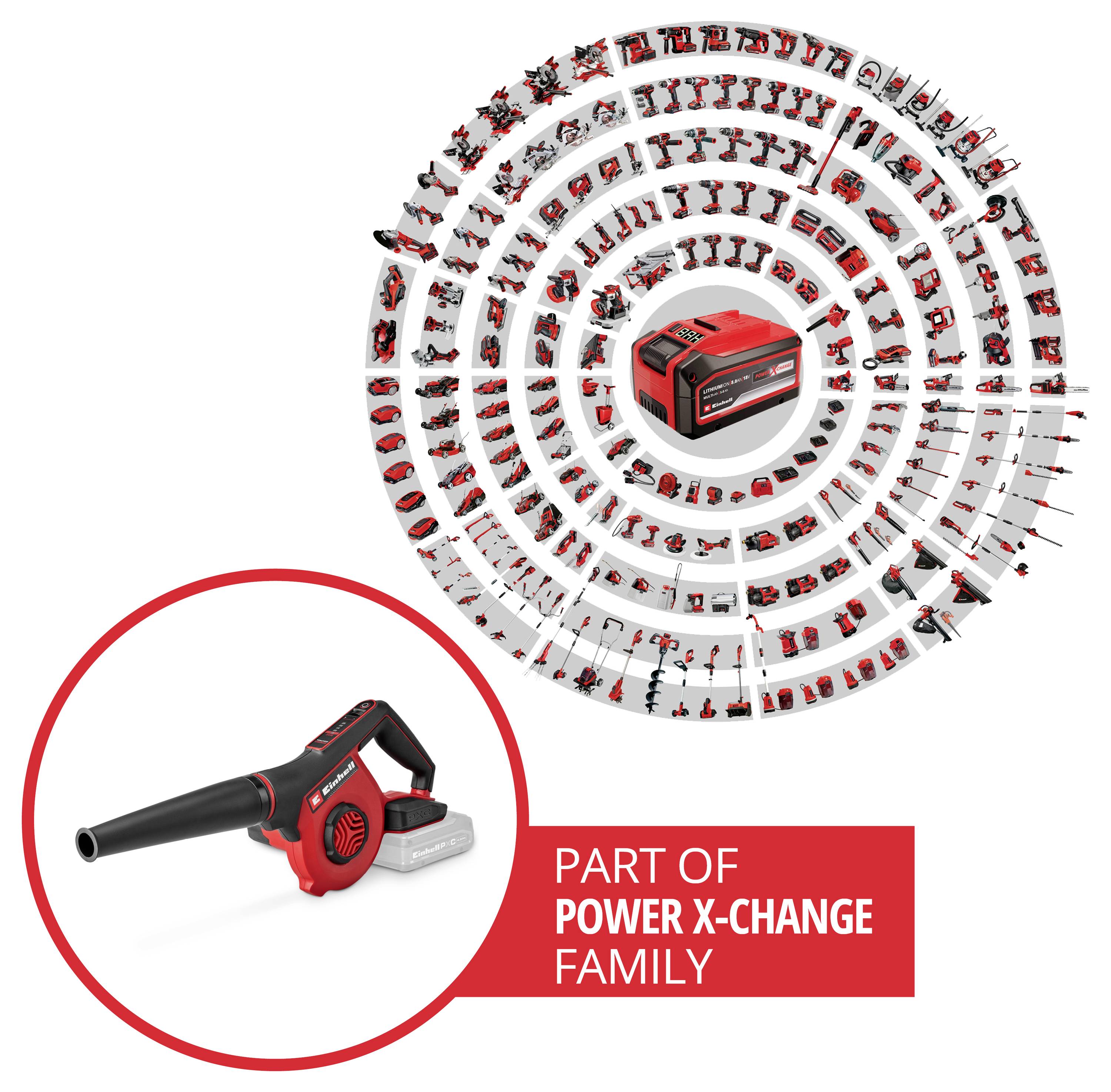 Werbegrafik für ein kabelloses Laubgebläse, die das Werkzeug und die Batterie von anderen Produkten der „Power X-Change Familie