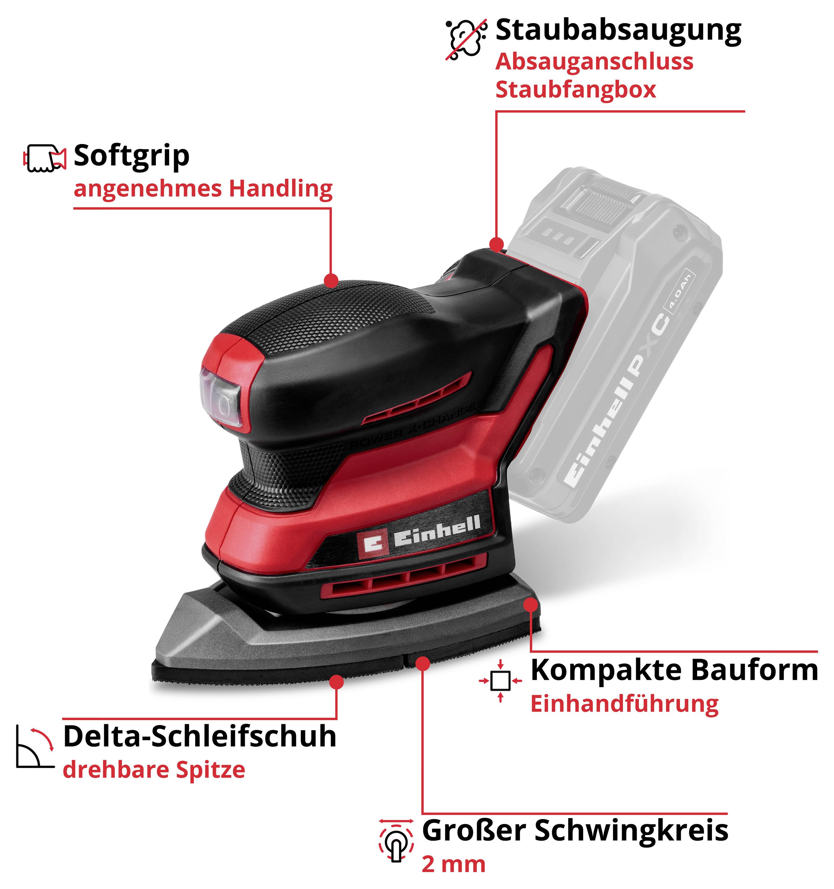 Abbildung eines Einhell-Delta-Schleifers mit Markierungen: Softgriff, Staubabsaugung, kompakte Bauform, Einhandführung, Delta-Schleifschuh und großer Schwingkreis 2 mm.