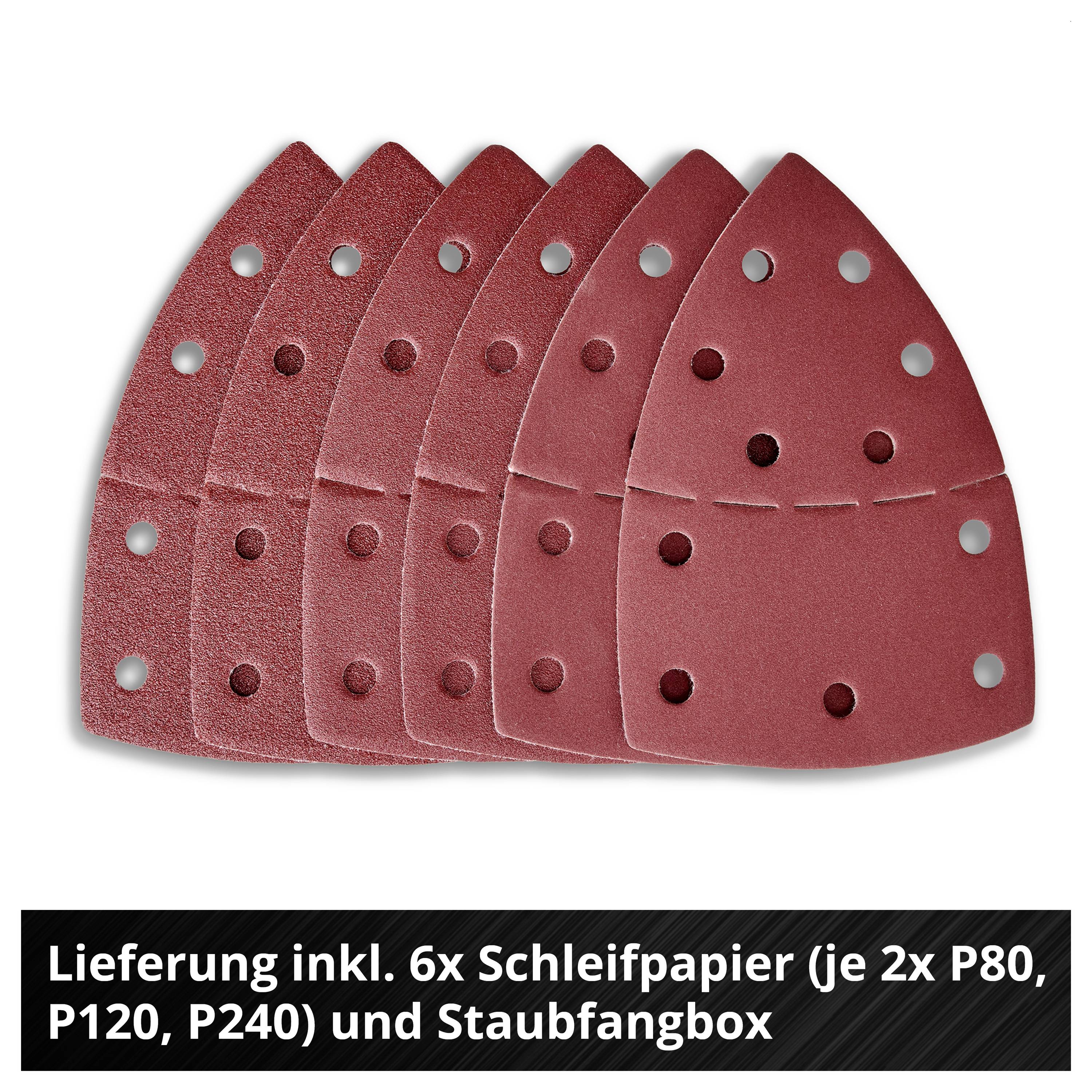 Sechs rote Schleifpapier-Blätter mit Lochung für Schleifgerät, darunter der Text 'Lieferung inkl. 6x Schleifpapier (je 2x P80, P120, P240) und Staubfangbox'