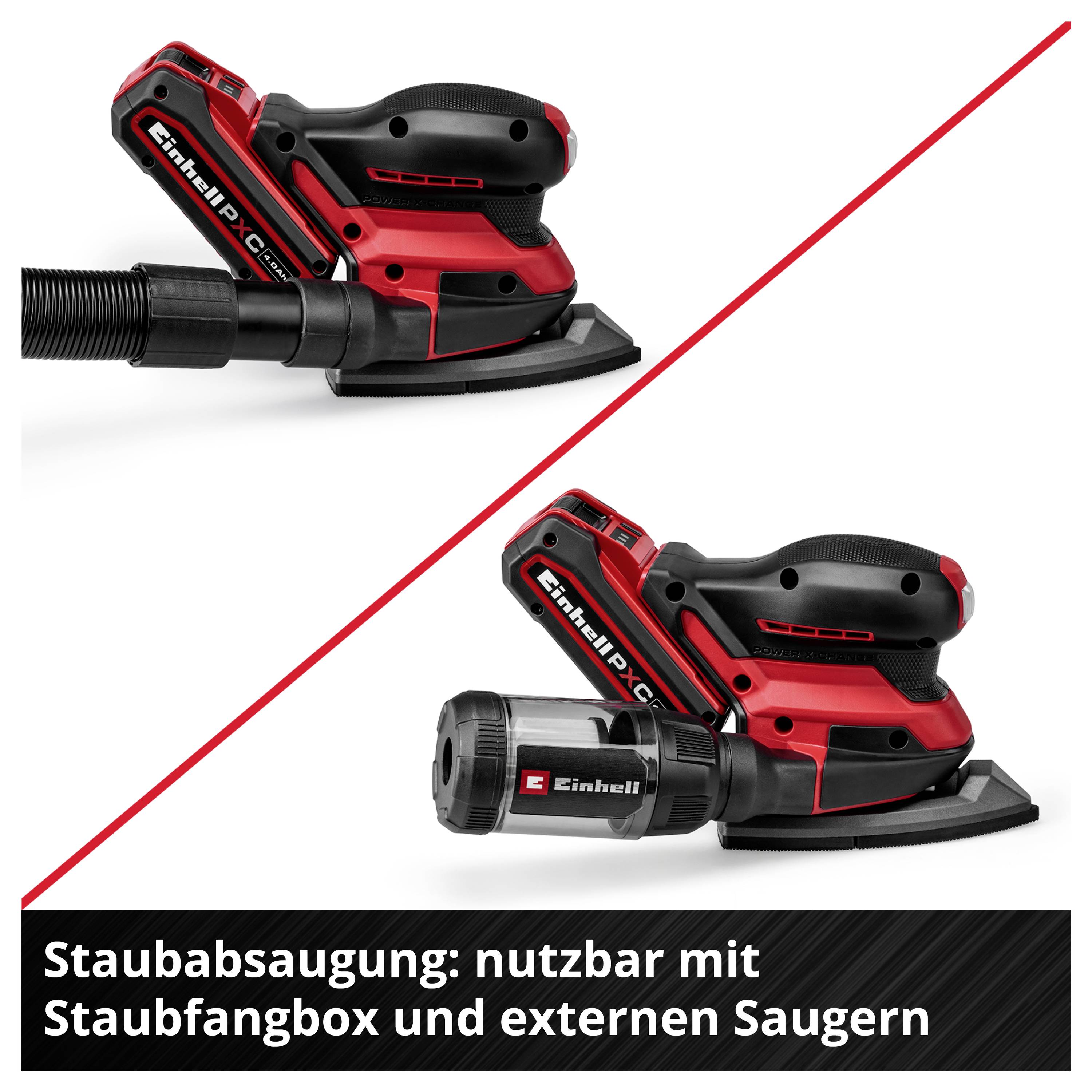 Vergleichsbild eines Akku-Schleifers mit Staubabsaugung: oben mit Staubfangbox, unten mit externem Sauger; Text: 'Staubabsaugung: nutzbar mit Staubfangbox und externen Saugern'
