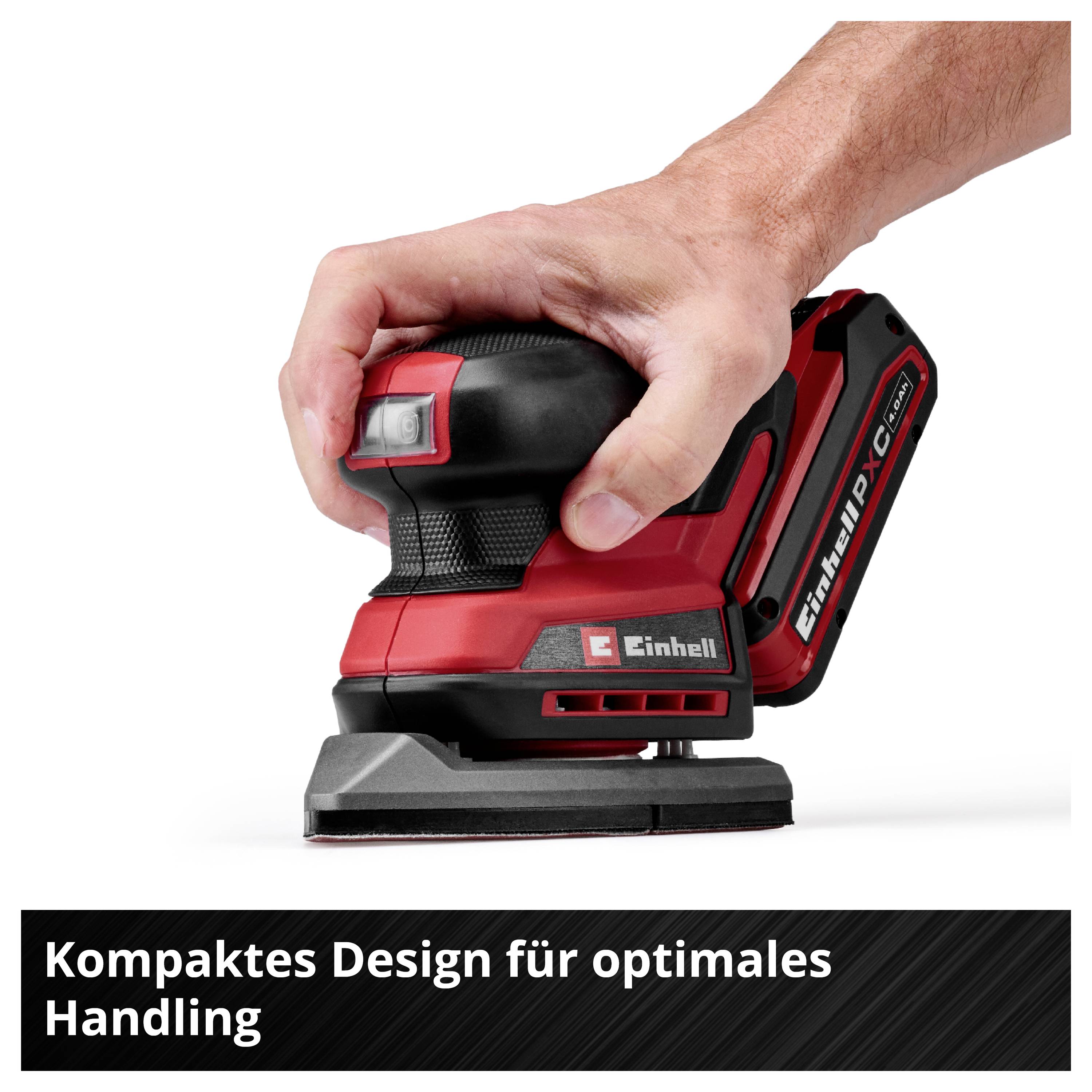 Hand hält einen roten, kompakten Einhell-Schleifer; darunter steht 'Kompaktes Design für optimales Handling'.