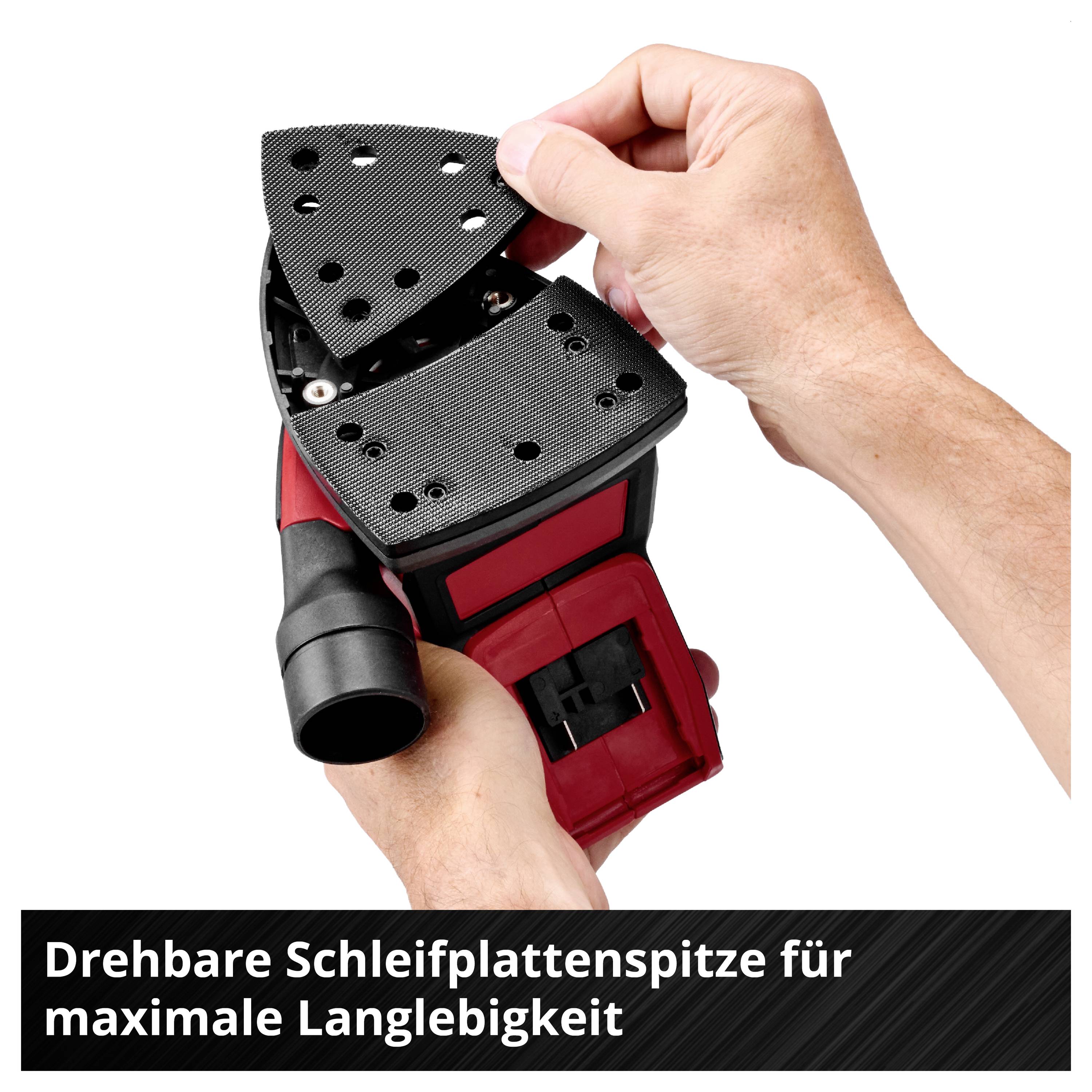 Hände wechseln eine drehbare Schleifplattenspitze an einem Exzenterschleifer; Text: 'Drehbare Schleifplattenspitze für maximale Langlebigkeit'.