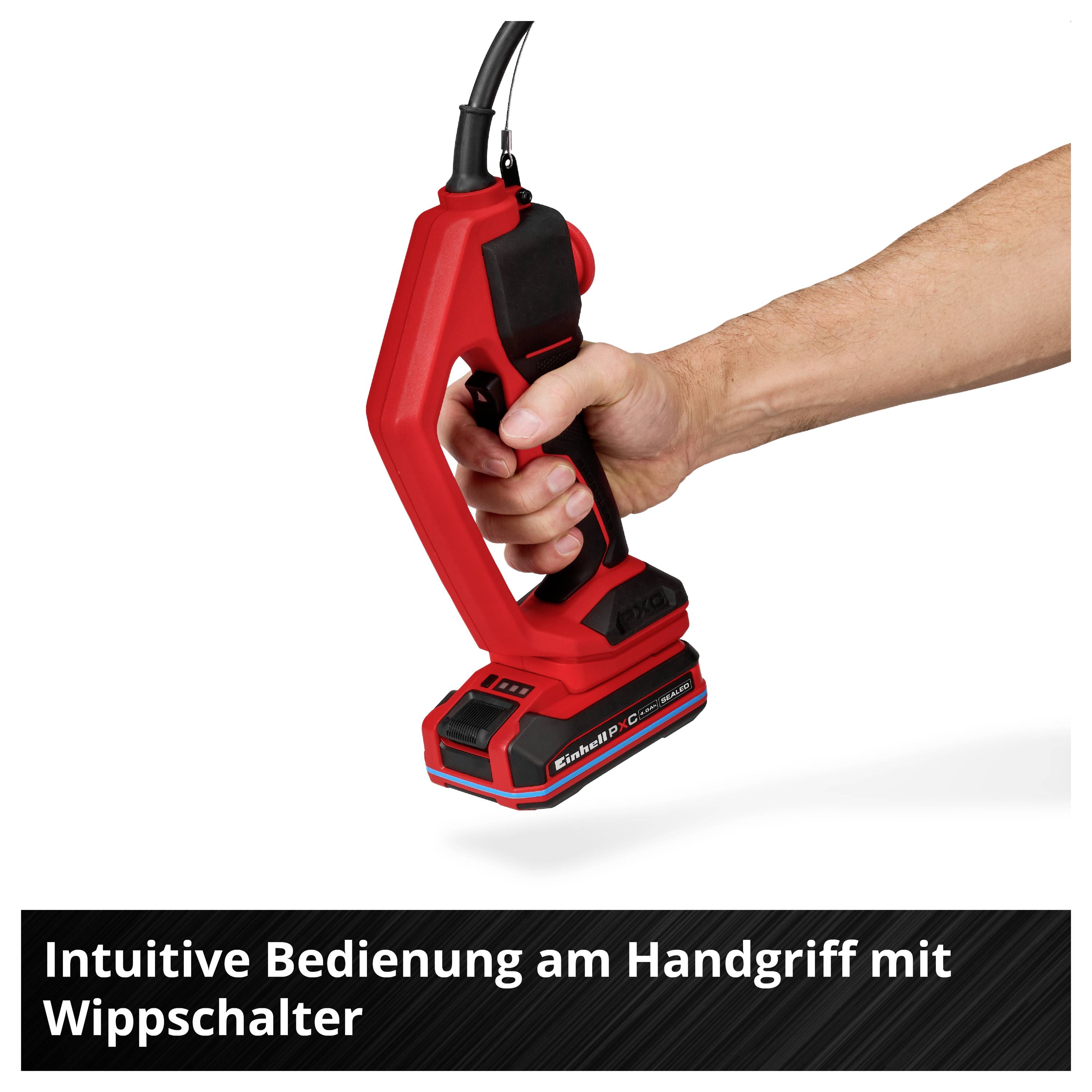 Hand hält roten Akku-Griff mit Wippschalter; Text: 'Intuitive Bedienung am Handgriff mit Wippschalter'.