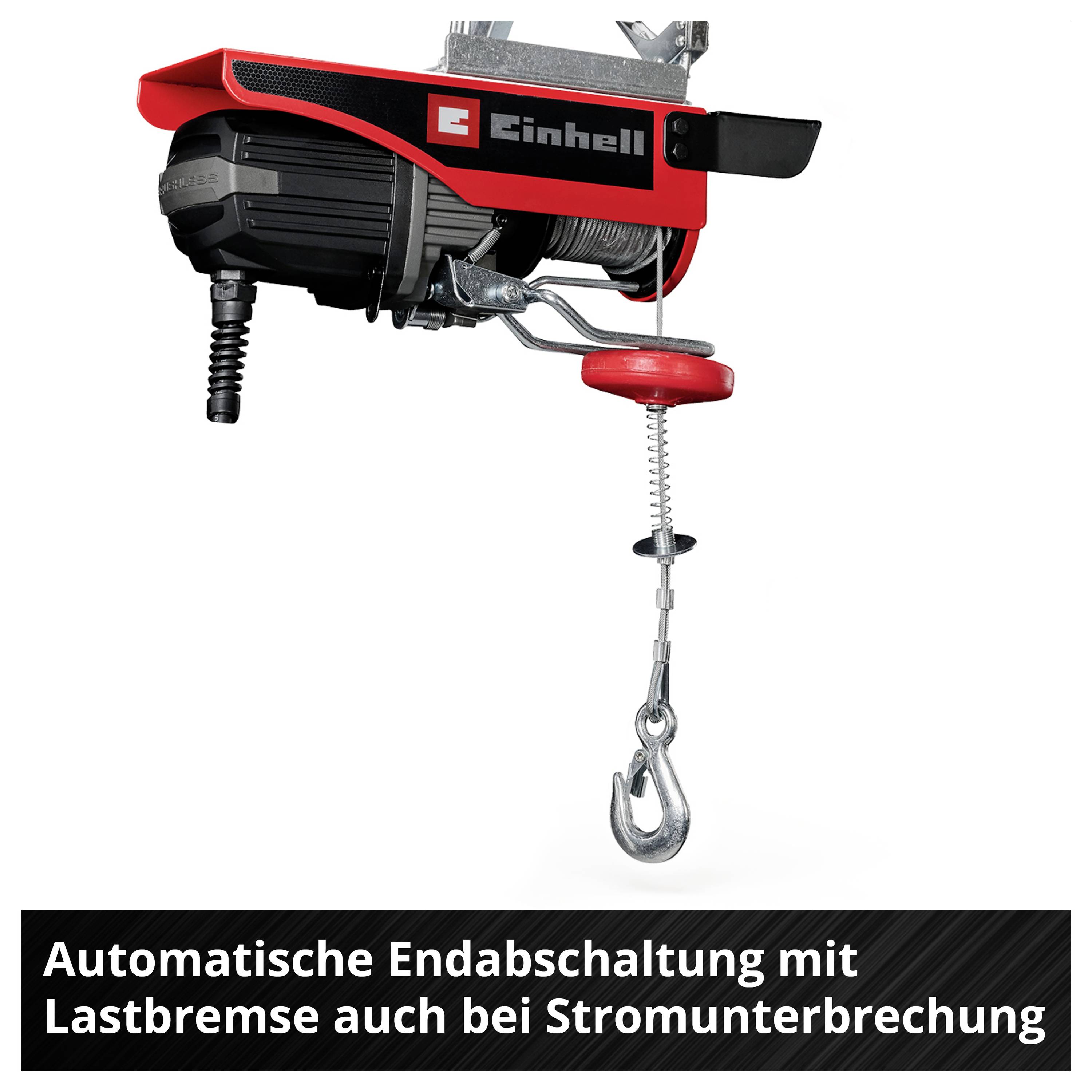 Rot- schwarzer Einhell-Seilzug mit Haken; unten der Text: 'Automatische Endabschaltung mit Lastbremse auch bei Stromunterbrechung'.