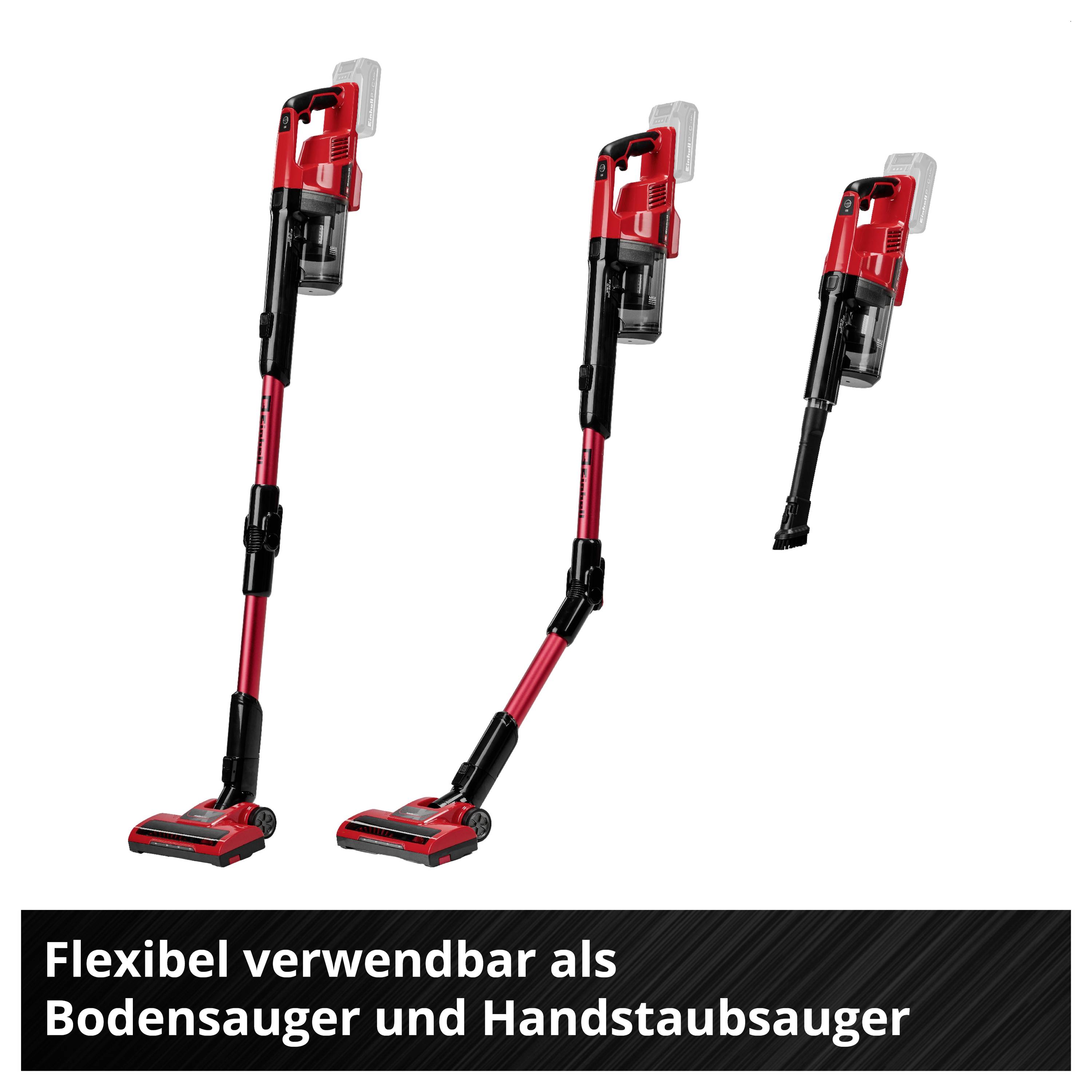 Drei Ansichten eines roten Akku-Staubsaugers, als Boden- und Handstaubsauger nutzbar; Text: 'Flexibel verwendbar als Bodensauger und Handstaubsauger'.