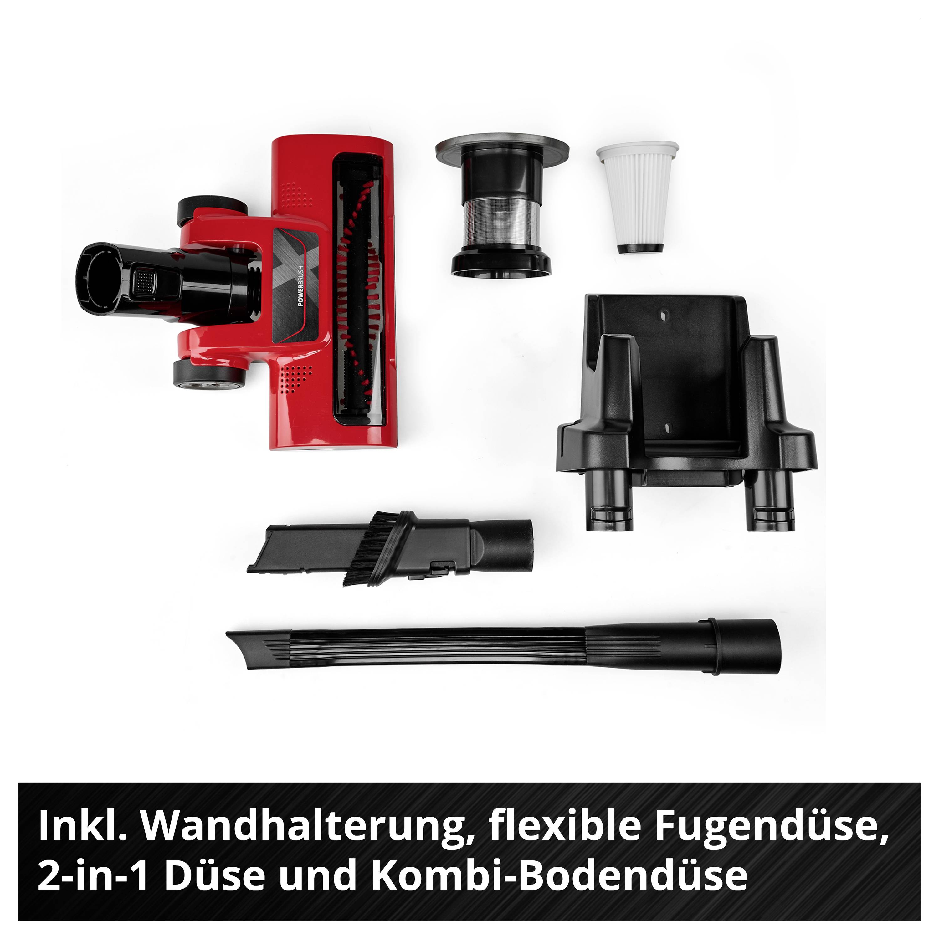 Akkustaubsauger-Zubehörset mit Wandhalterung, flexibler Fugendüse, 2-in-1 Düse und Kombi-Bodendüse auf weißem Hintergrund.