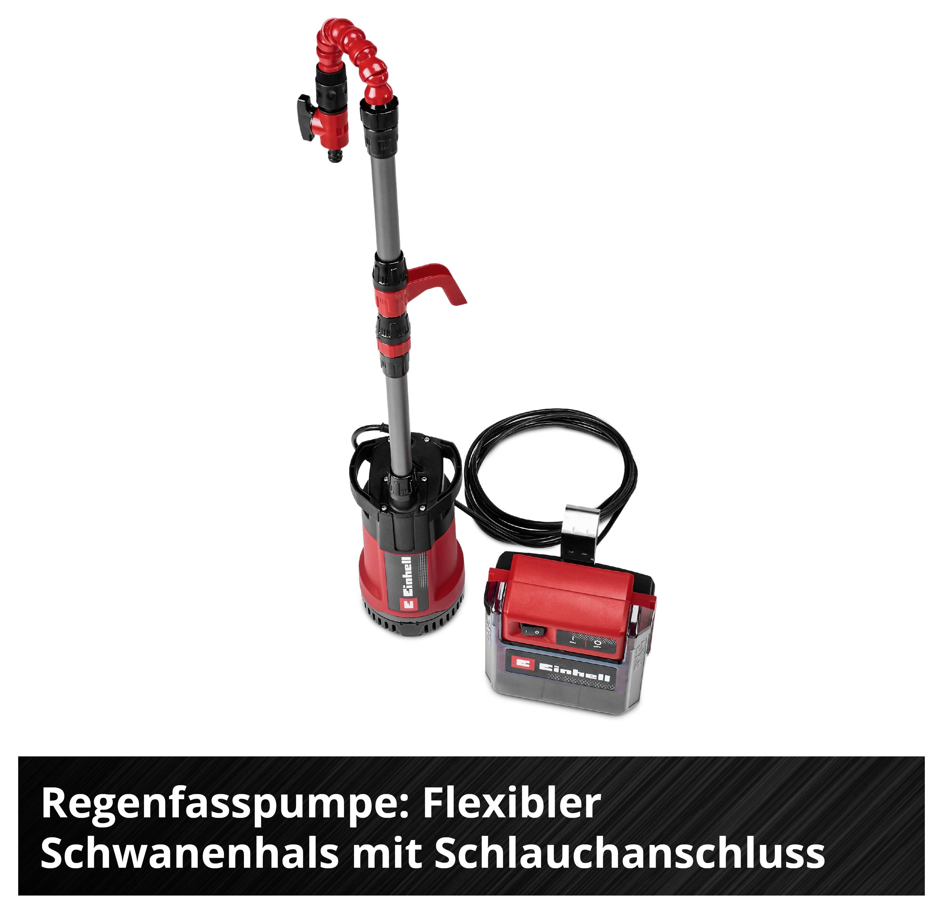 Regenfasspumpe mit flexiblem Schwanenhals und Schlauchanschluss; daneben Akkupack, unten der Text 'Regenfasspumpe: Flexibler Schwanenhals mit Schlauchanschluss'.